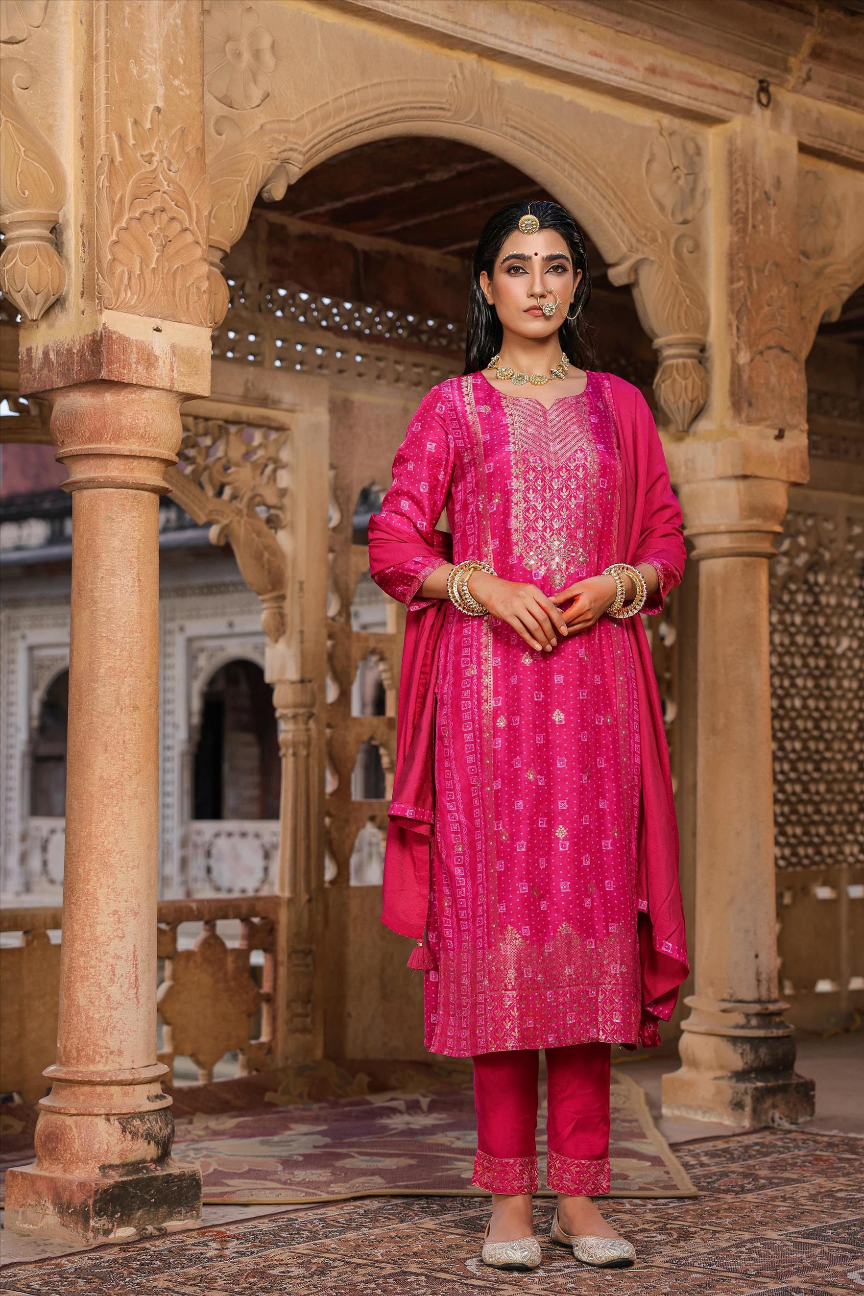 Pink Dola Silk Bandhani Jacquard Suit Set