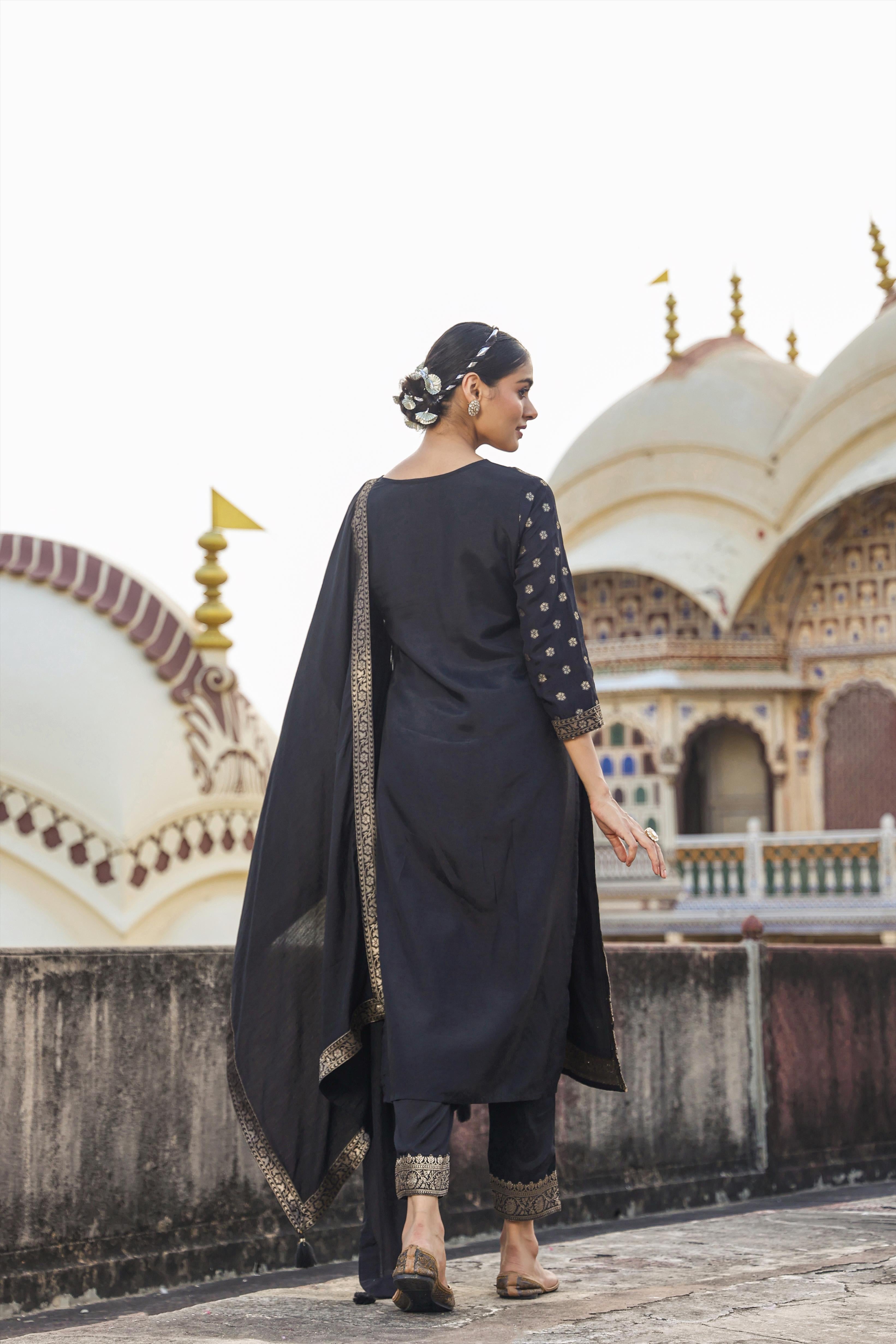 Black Dola Silk Jacquard Embellished Suit Set