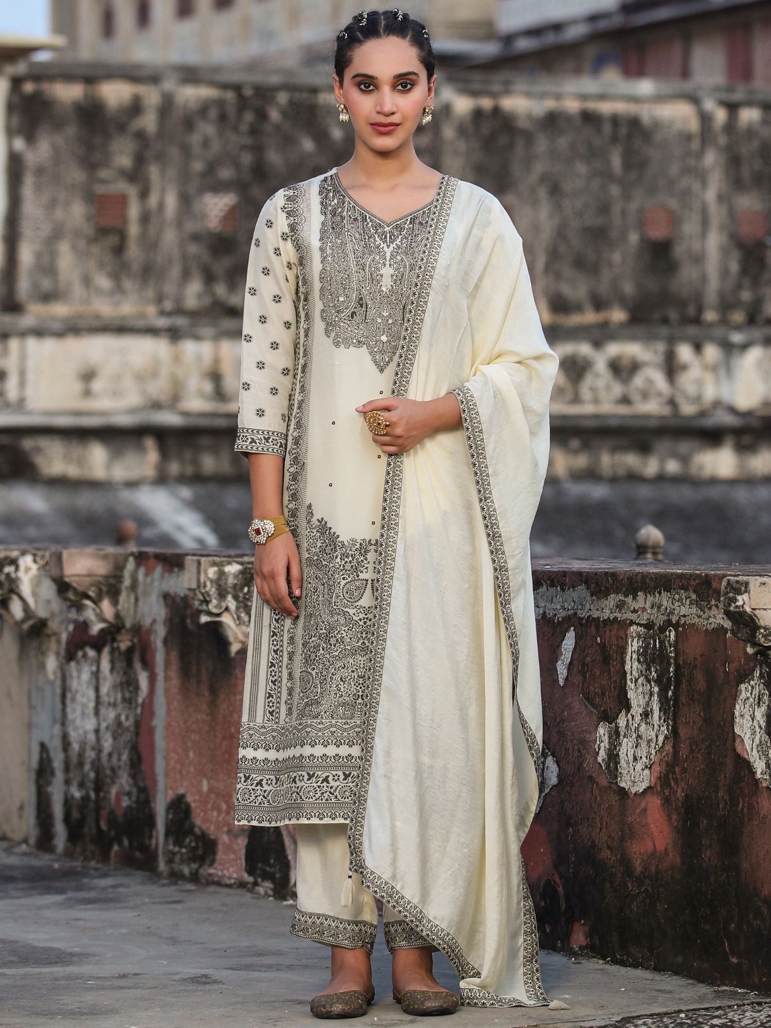 White Dola Silk Jacquard Embellished Suit Set
