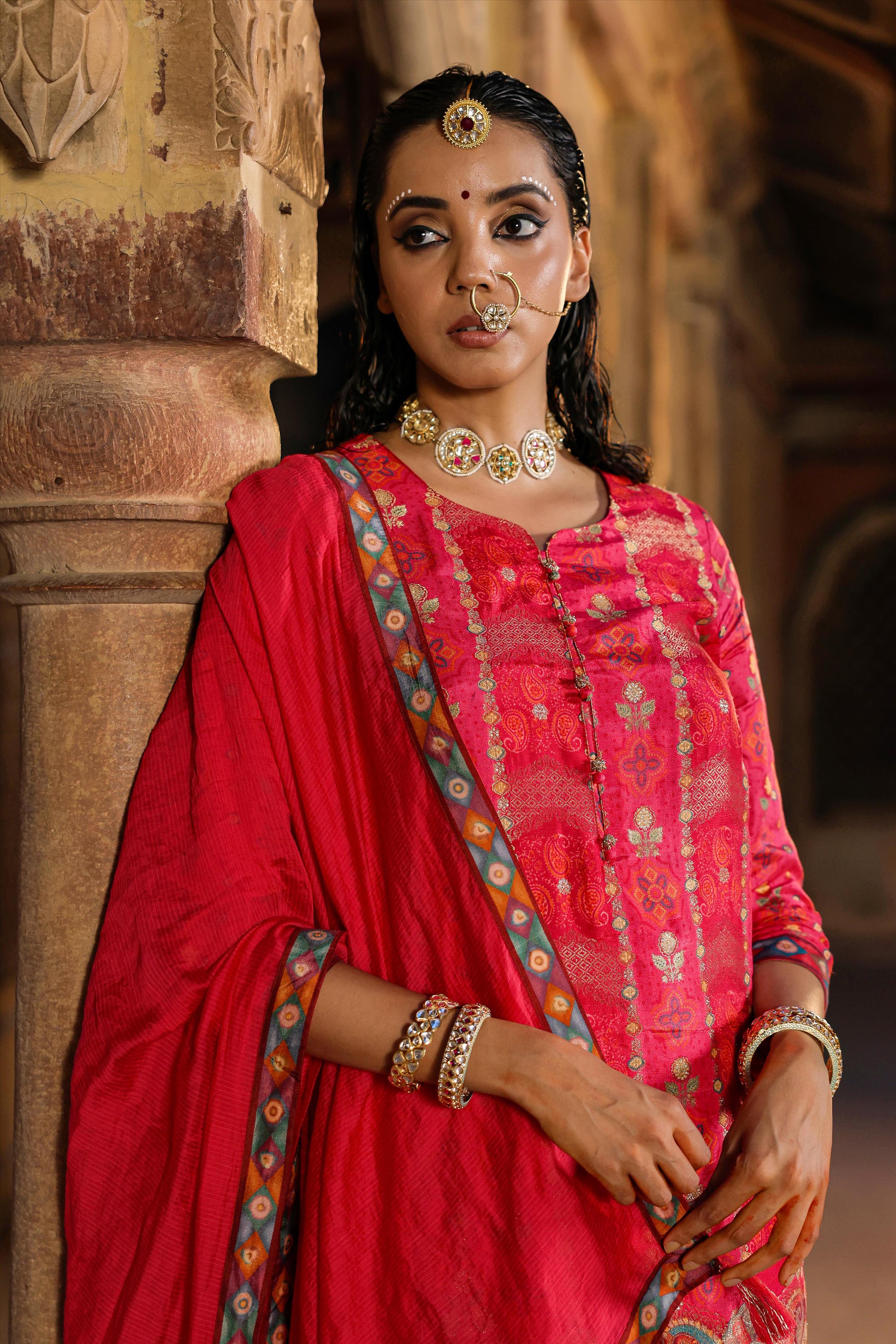 Pink Banarasi Jacquard Dola Silk Sharara Set