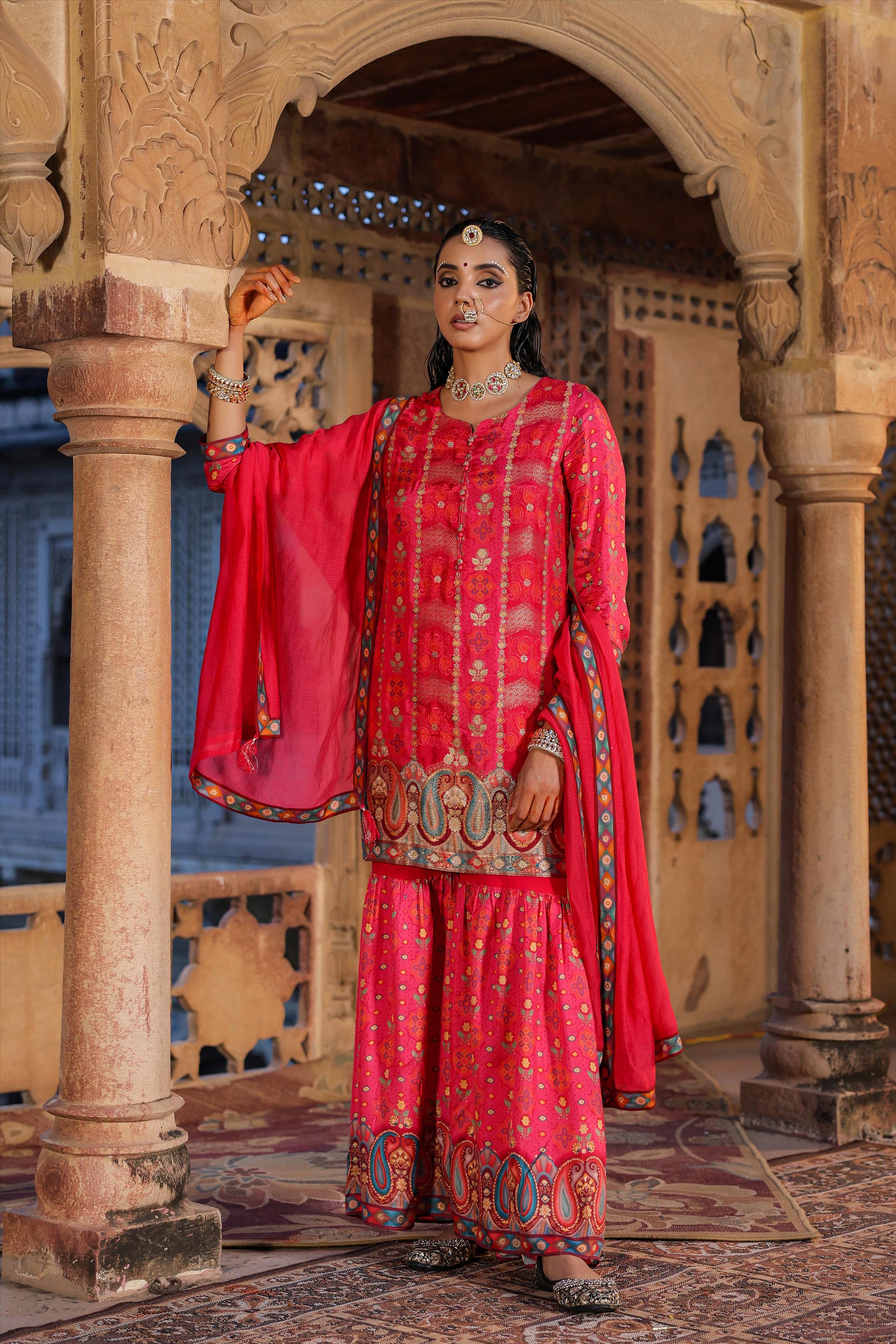 Pink Banarasi Jacquard Dola Silk Sharara Set