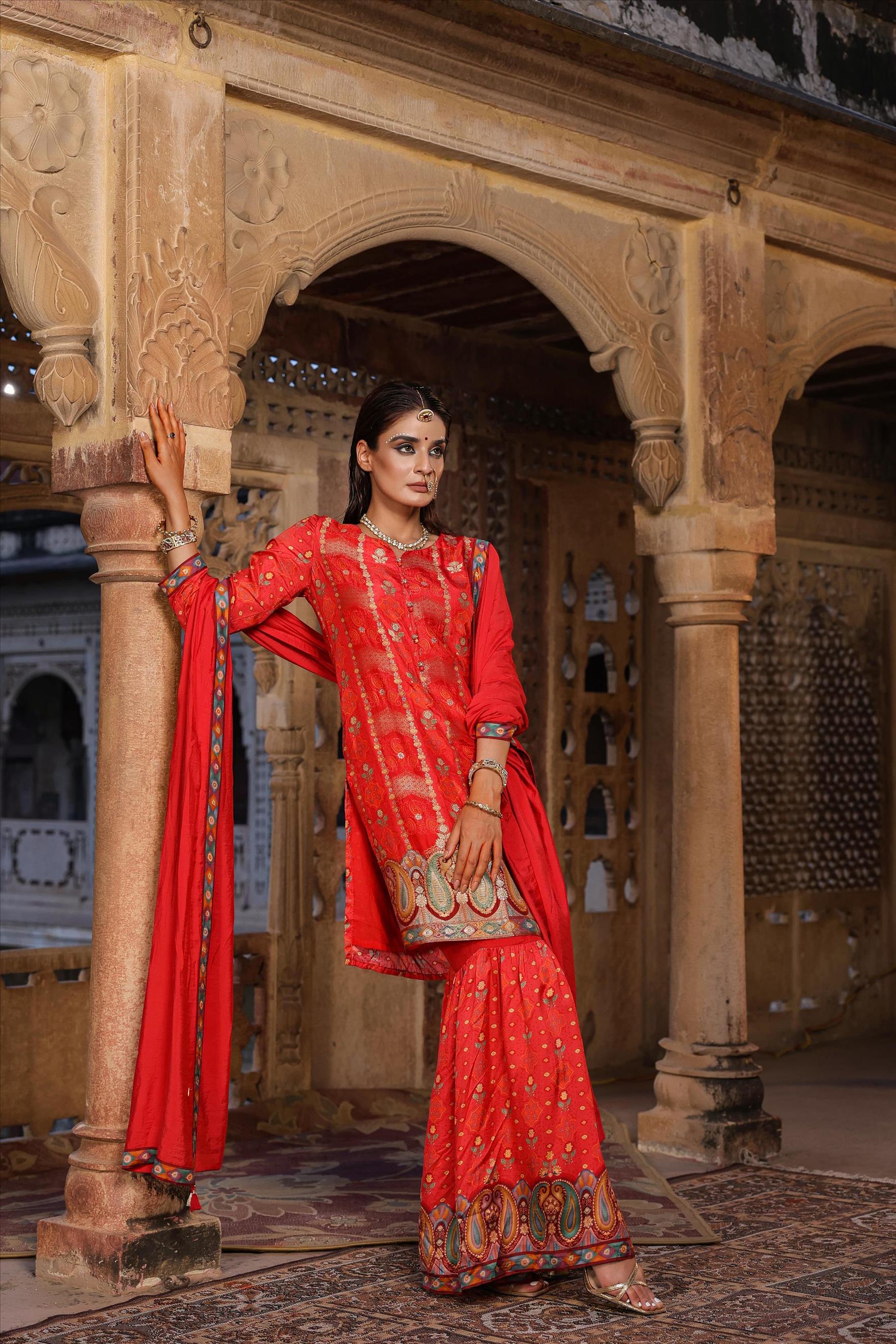 Red Banarasi Jacquard Dola Silk Sharara Set