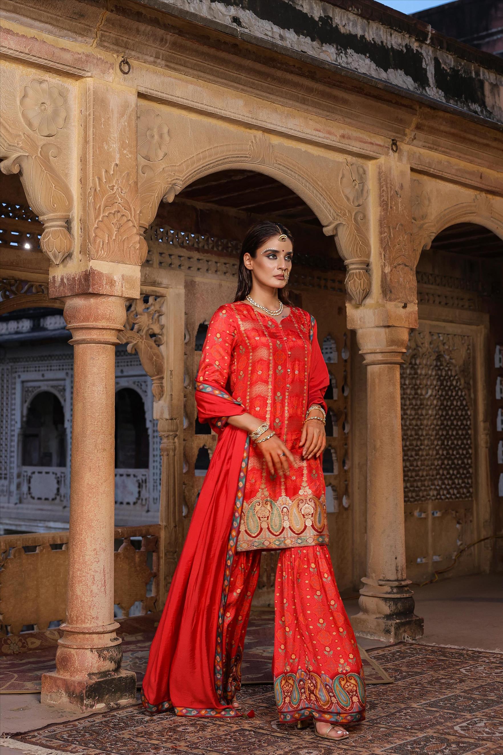 Red Banarasi Jacquard Dola Silk Sharara Set