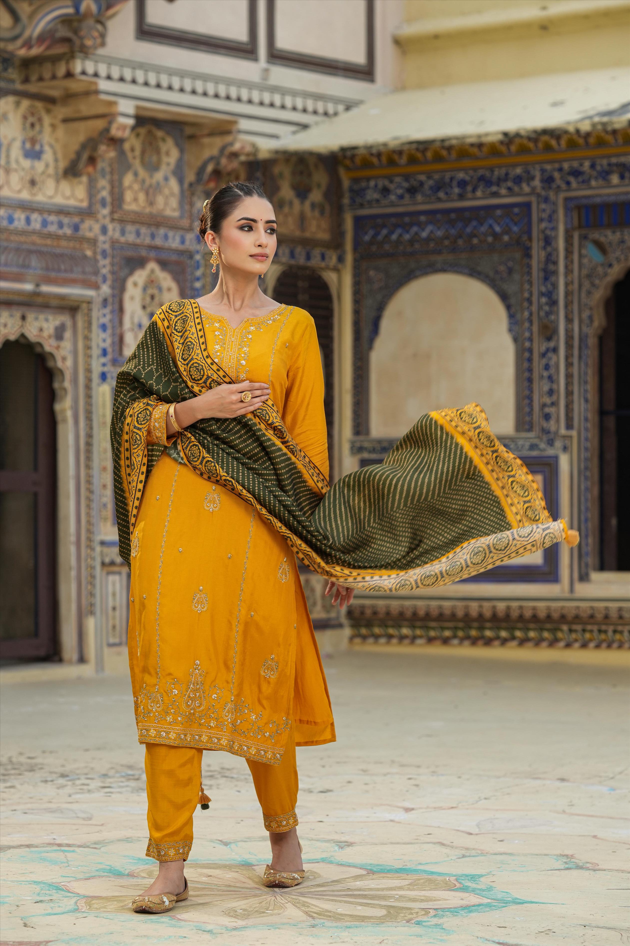 Mustard Dola Silk Embroidered Suit Set With Bandhani Dupatta