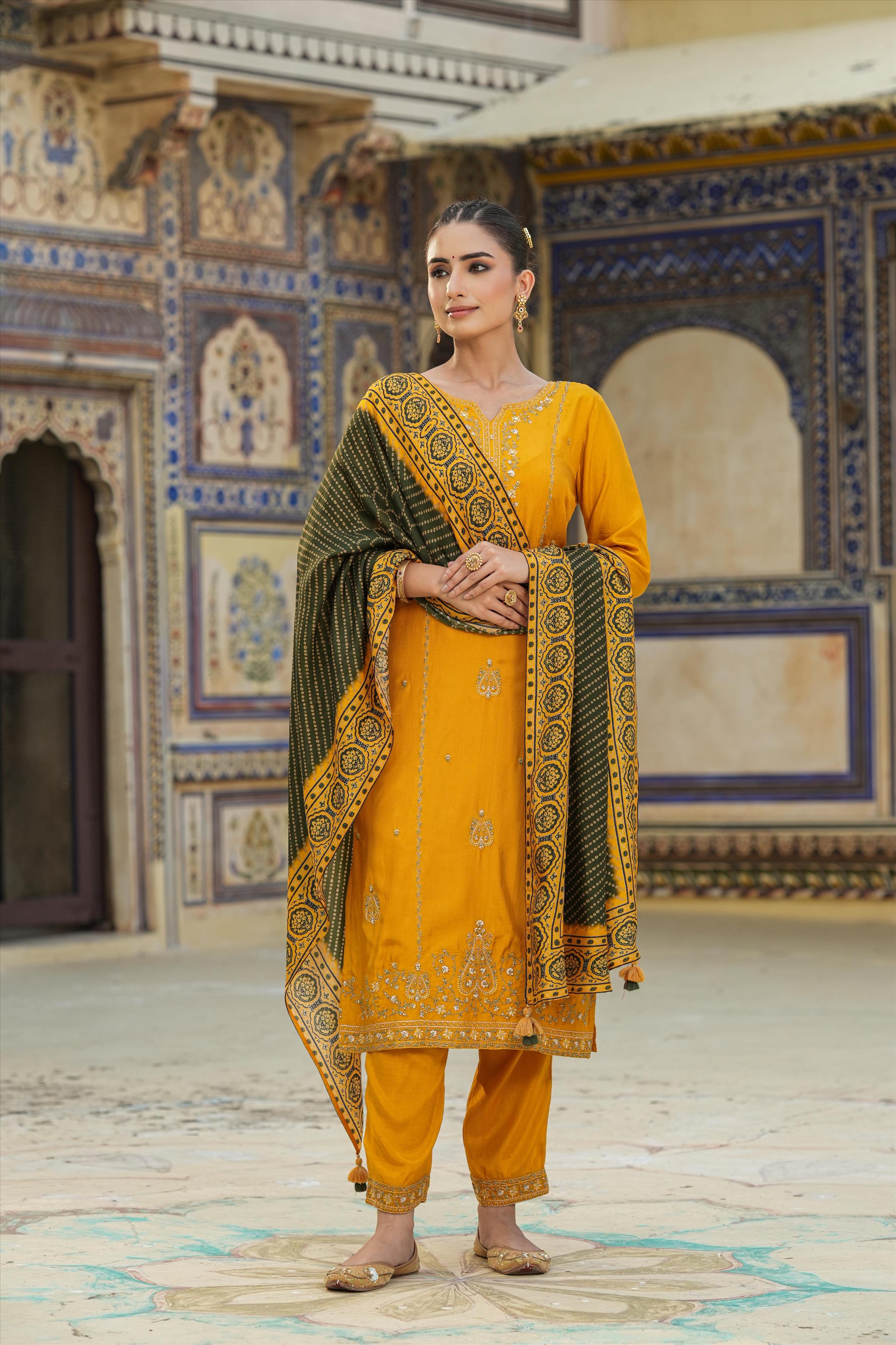 Mustard Dola Silk Embroidered Suit Set With Bandhani Dupatta
