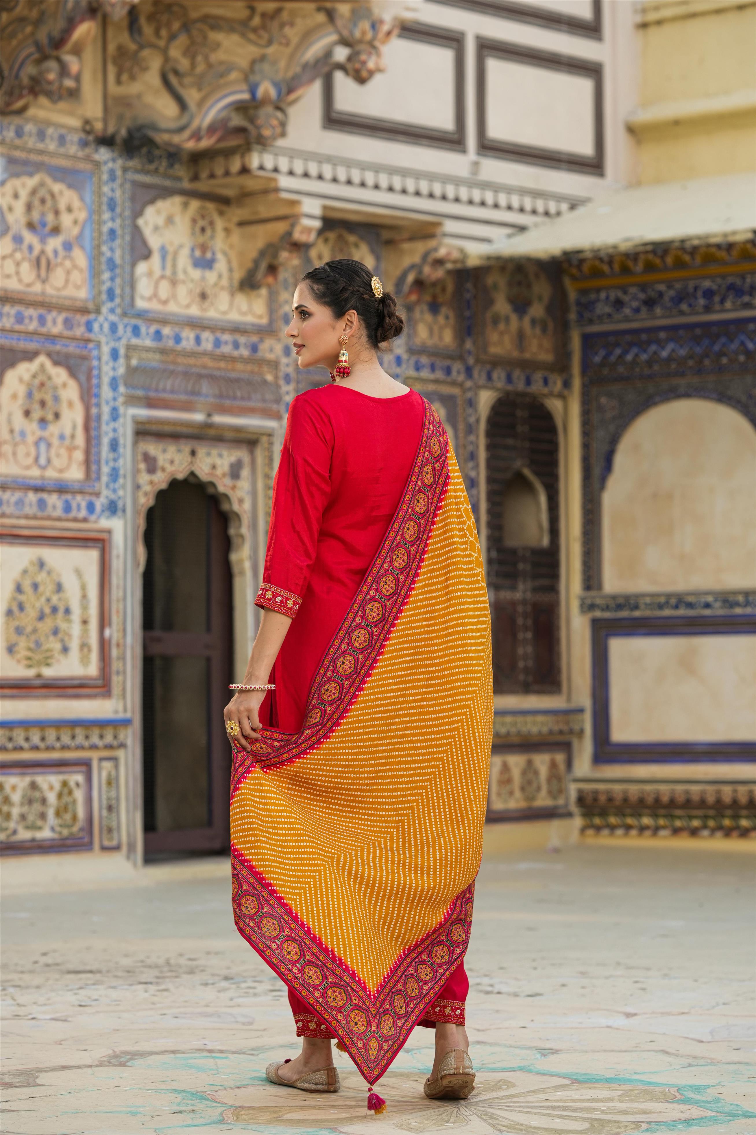 Red Dola Silk Embroidered Suit Set With Bandhani Dupatta