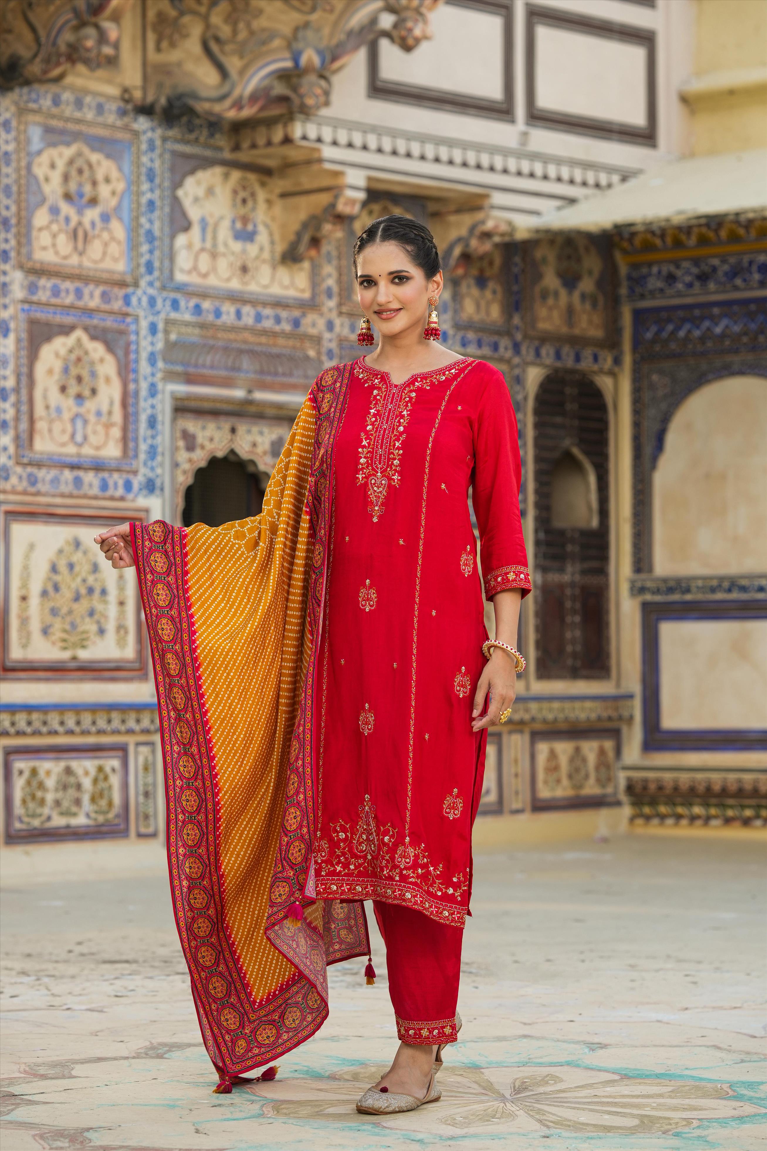 Red Dola Silk Embroidered-Printed Suit Set