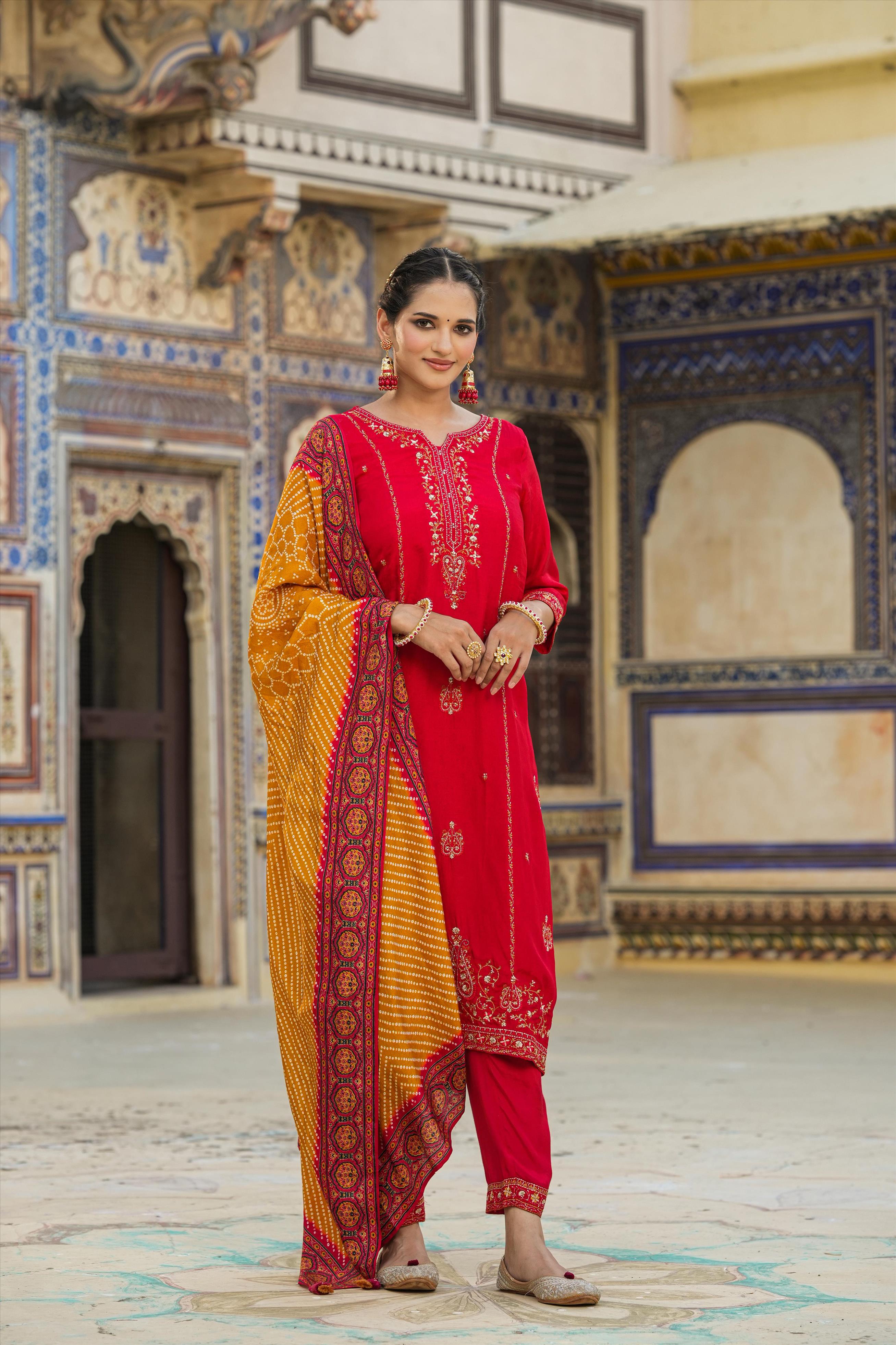 Red Dola Silk Embroidered-Printed Suit Set