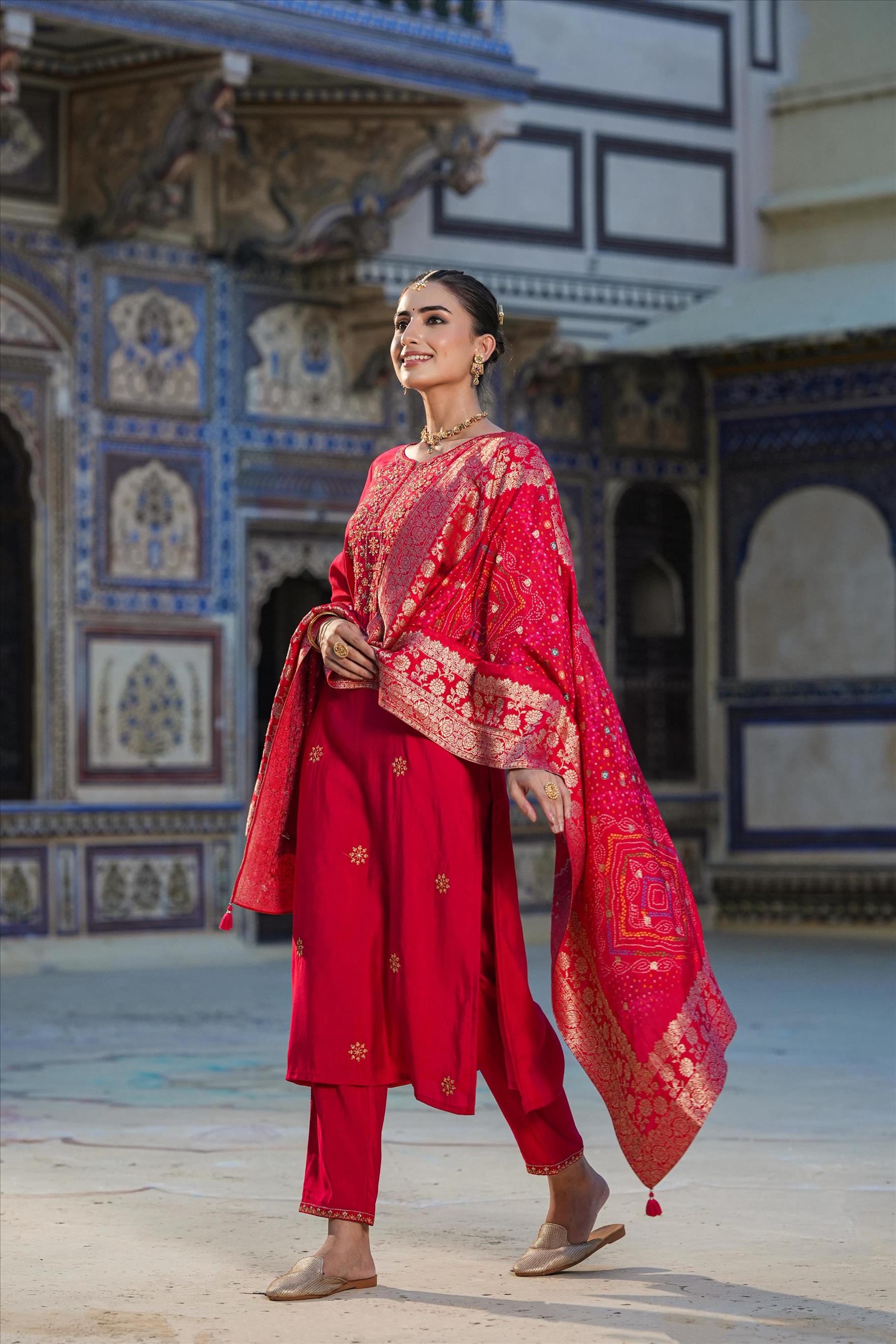 Pink Viscose Silk Embroidered Suit Set With Heavy Banarasi Jacquard Bandhani Dupatta