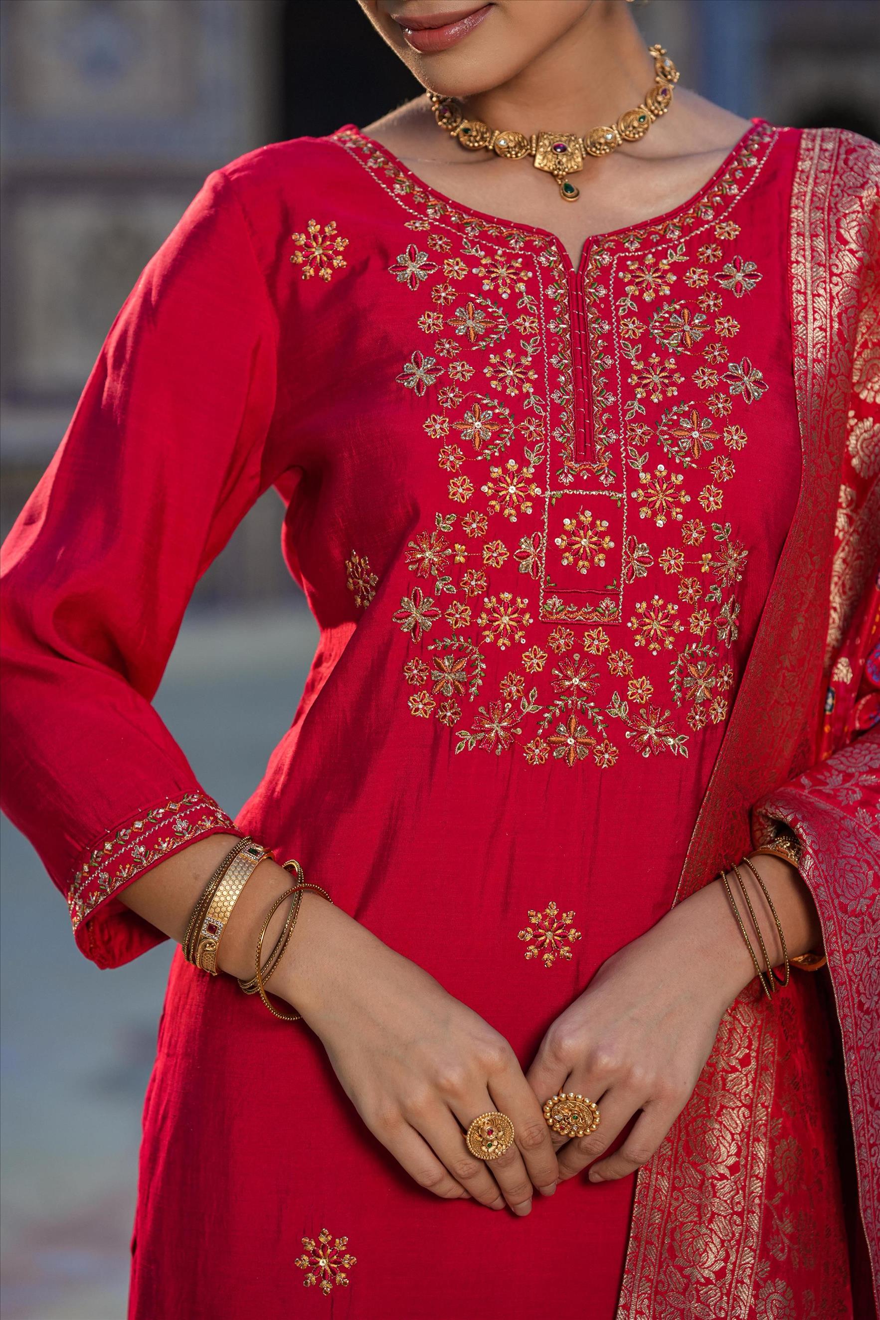 Pink Viscose Silk Embroidered Suit Set With Heavy Banarasi Jacquard Bandhani Dupatta