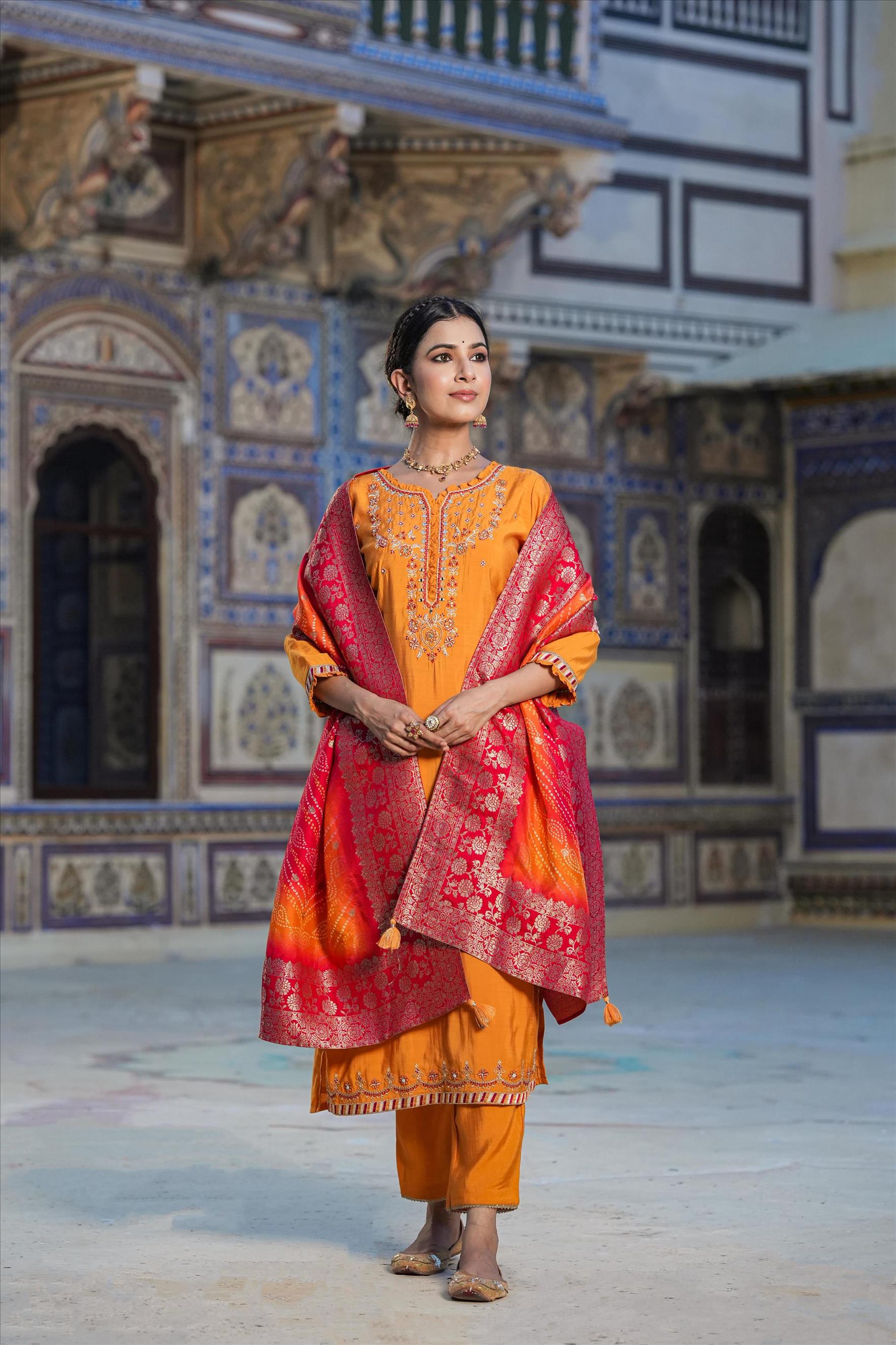 Mustard Viscose Silk Embroidered Suit Set With Heavy Banarasi Jacquard Bandhani Dupatta
