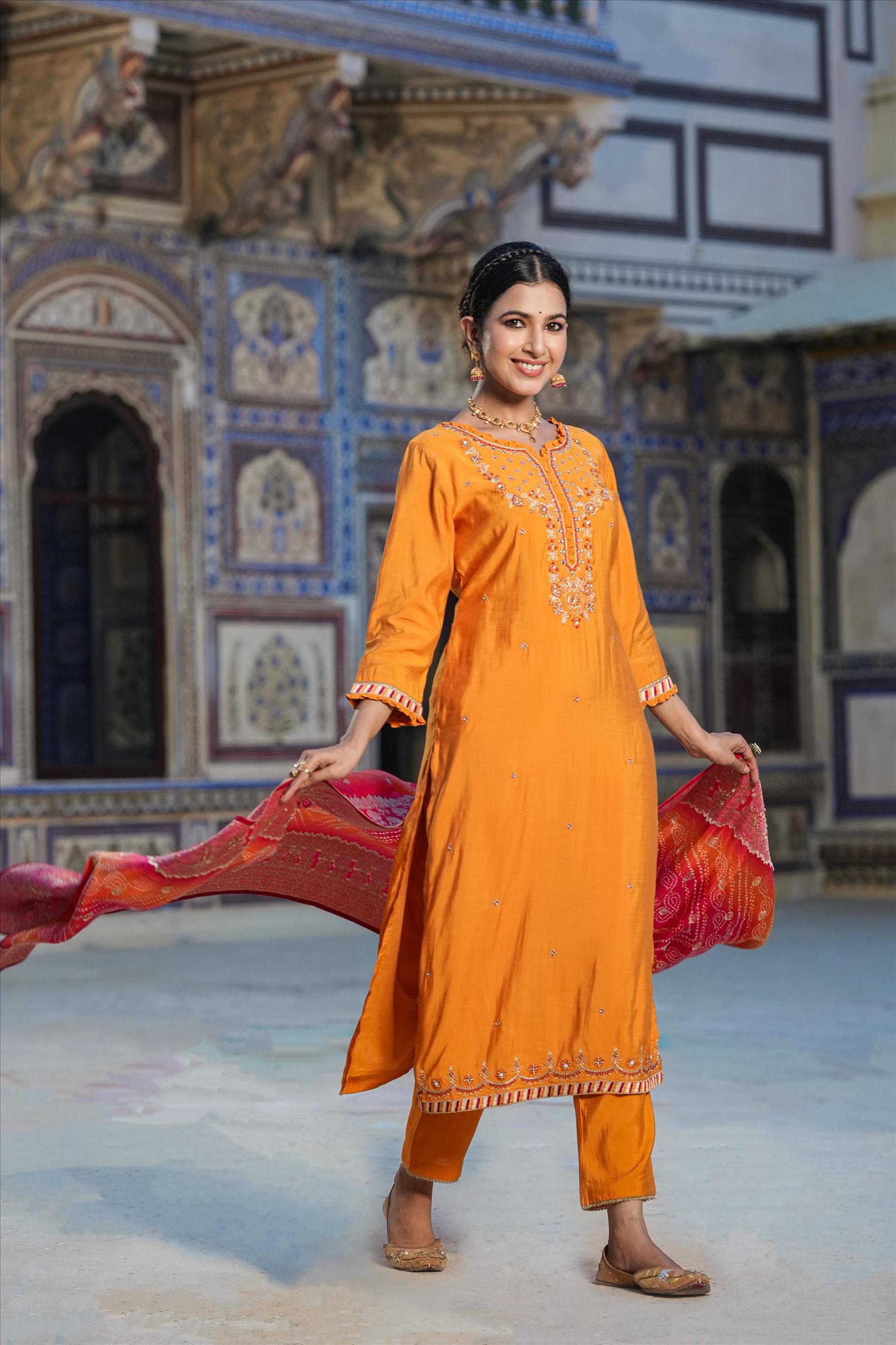 Mustard Viscose Silk Embroidered Suit Set With Heavy Banarasi Jacquard Bandhani Dupatta