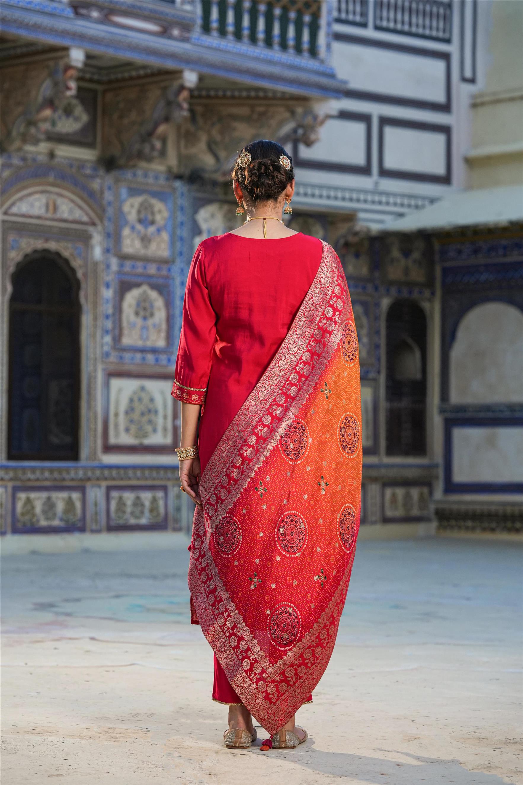 Red Viscose Silk Embroidered Suit Set With Heavy Banarasi Jacquard Bandhani Dupatta
