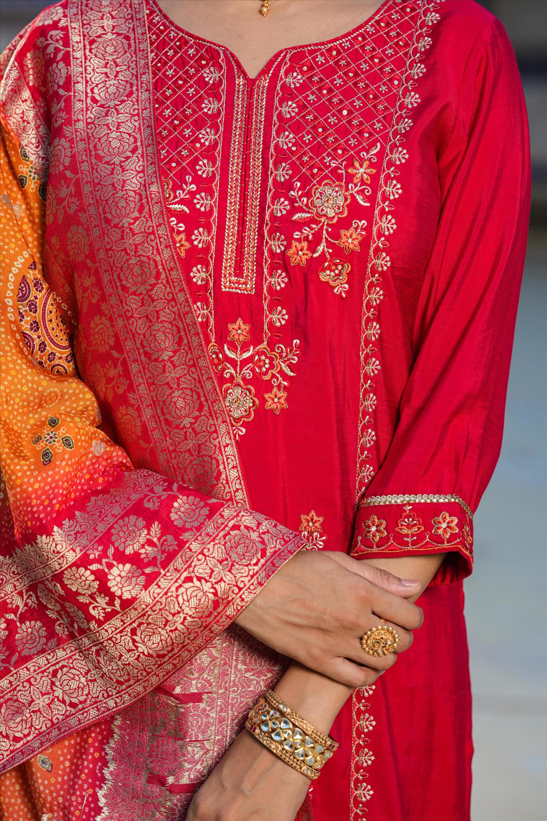 Red Viscose Silk Embroidered Suit Set With Heavy Banarasi Jacquard Bandhani Dupatta