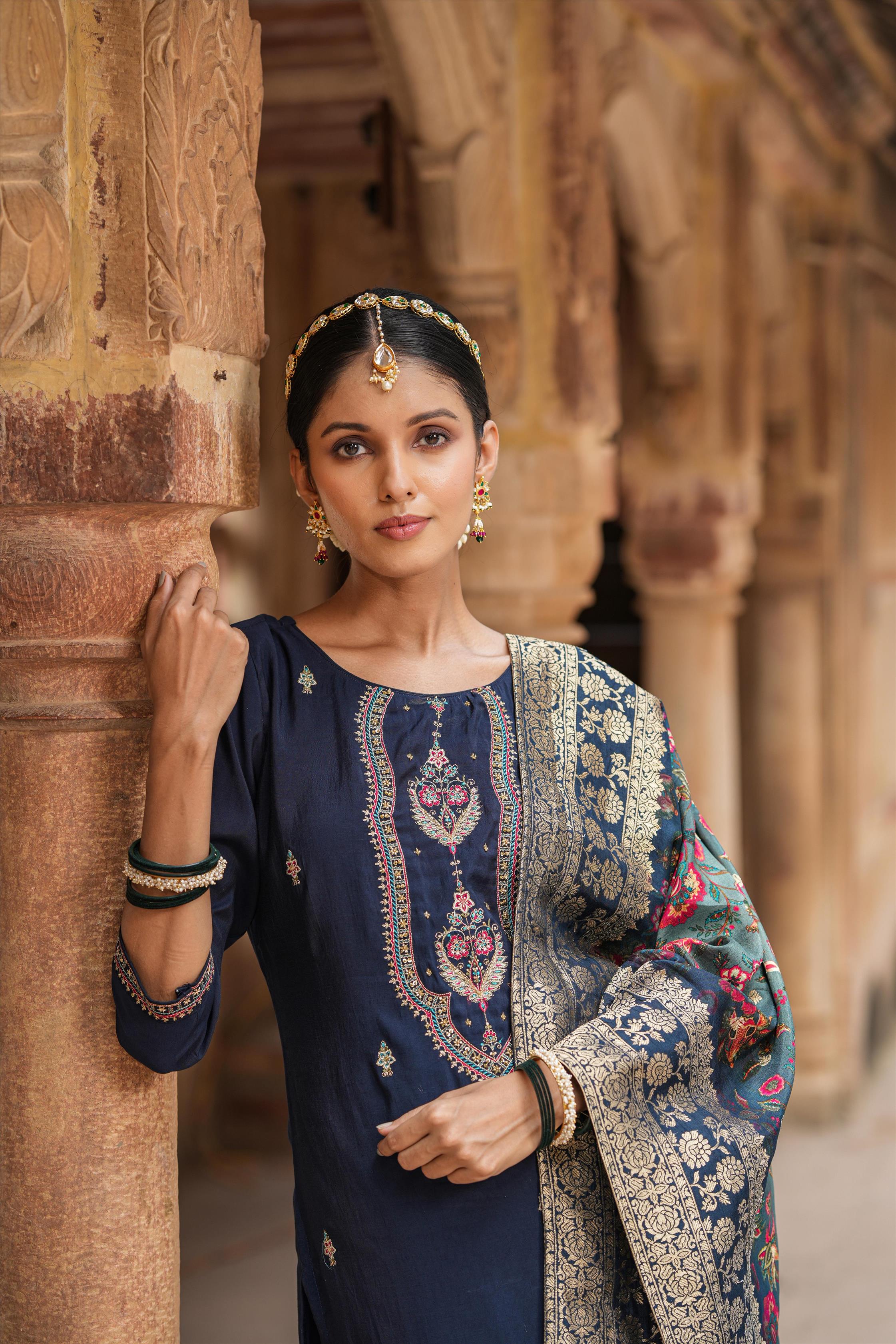 Navy Viscose Silk Embroidered Suit Set With Jacquard Dupatta