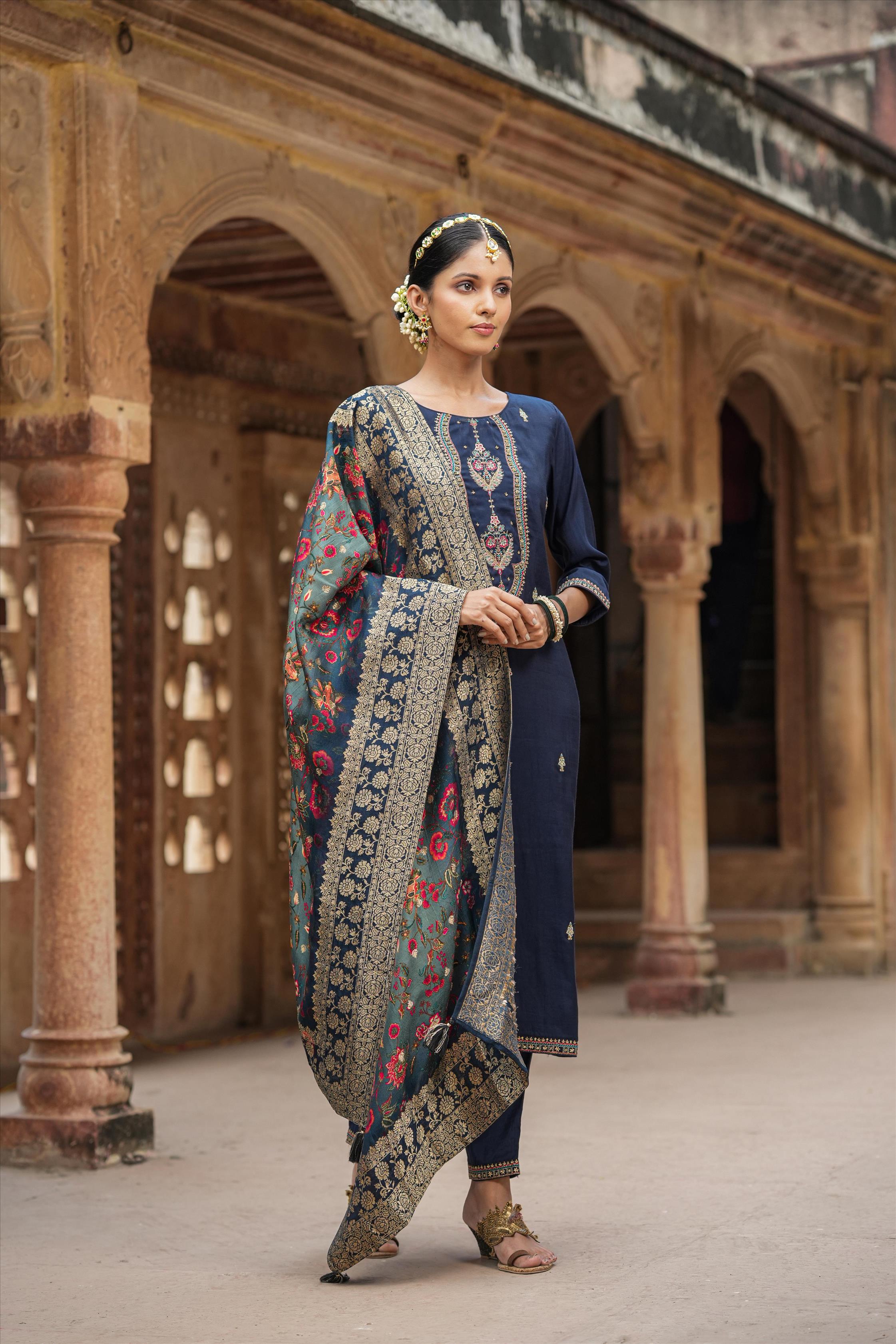 Navy Viscose Silk Embroidered Suit Set With Jacquard Dupatta