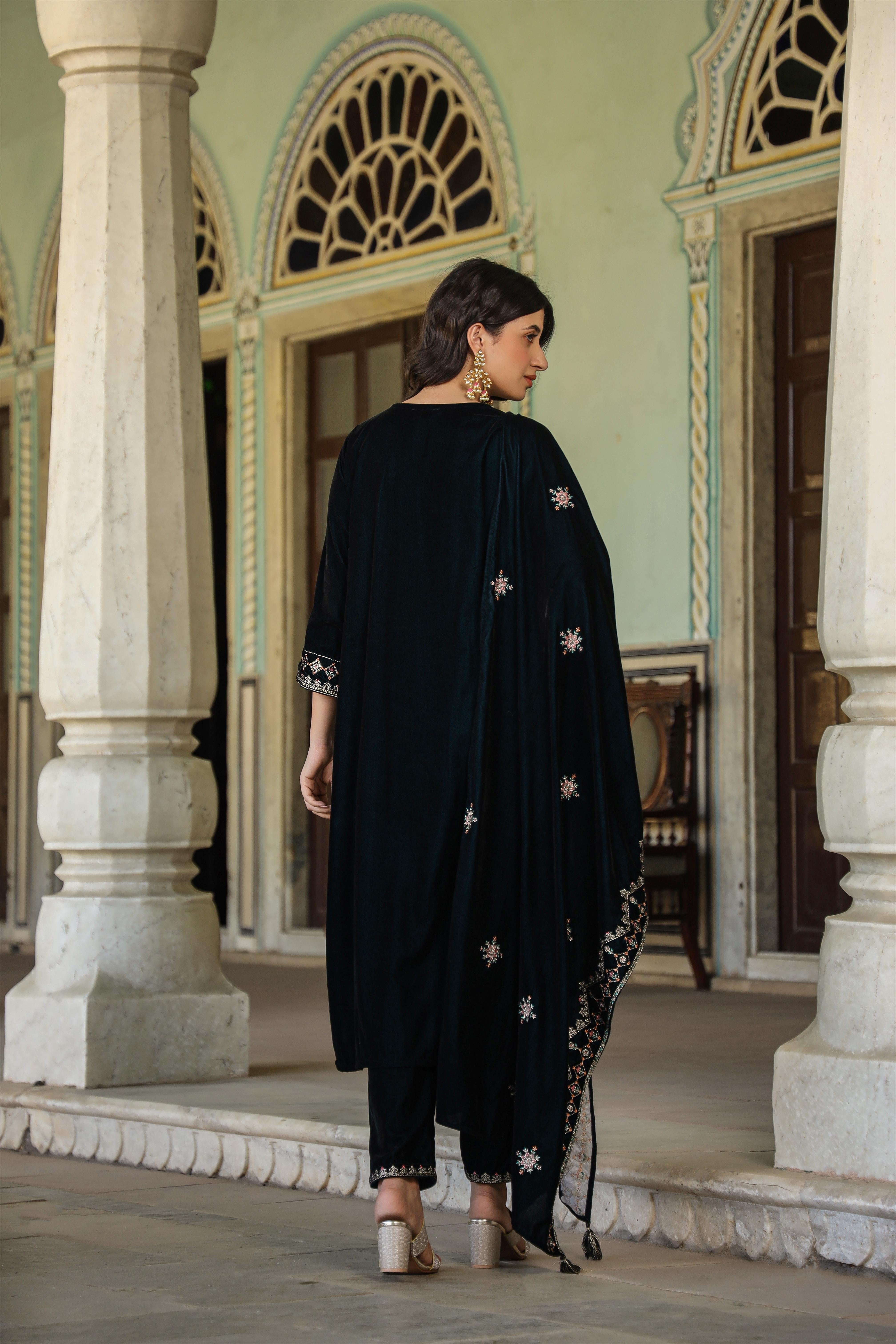 Jadegreen Velvet Embroidered Pakistani Suit Set