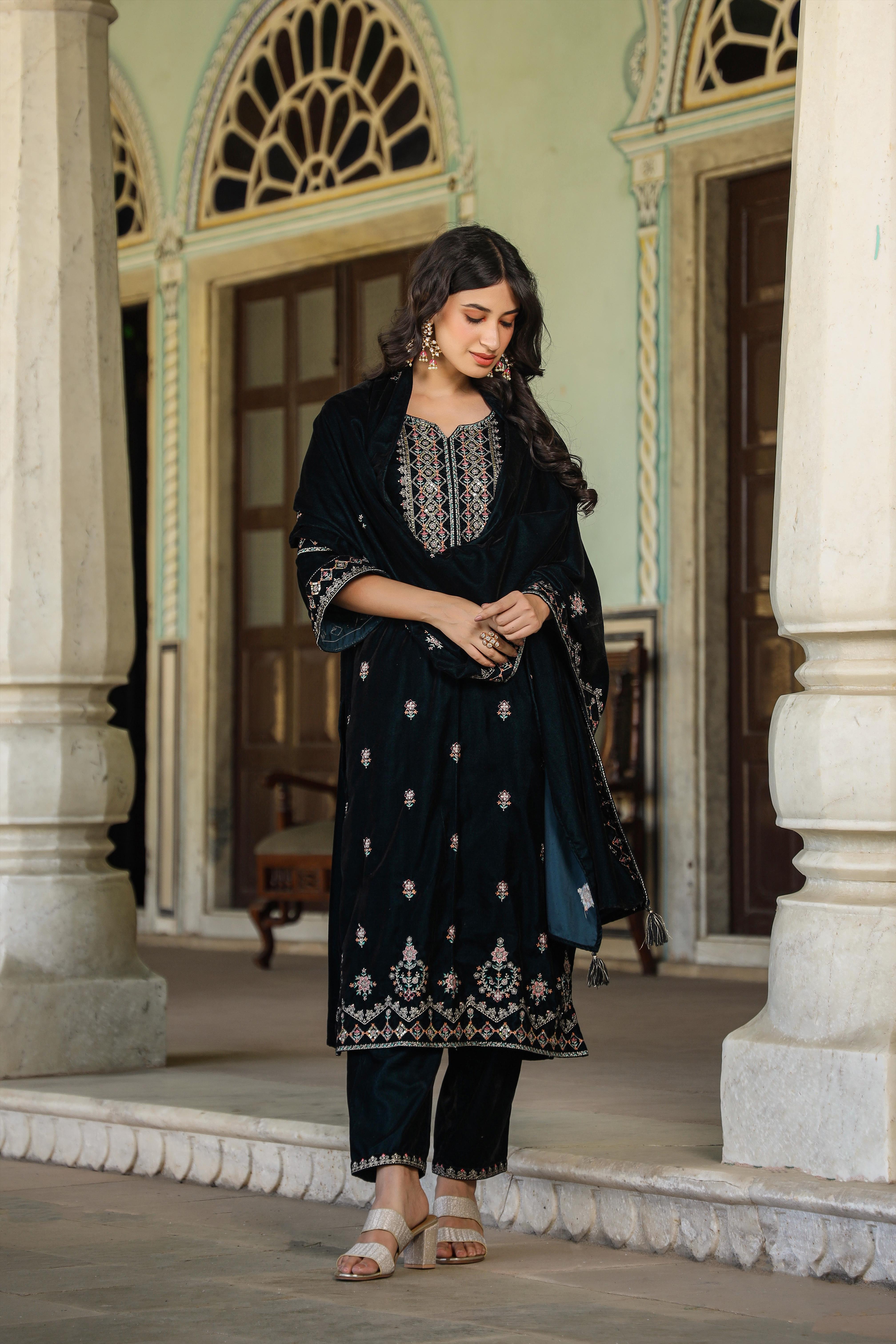 Jadegreen Velvet Embroidered Pakistani Suit Set