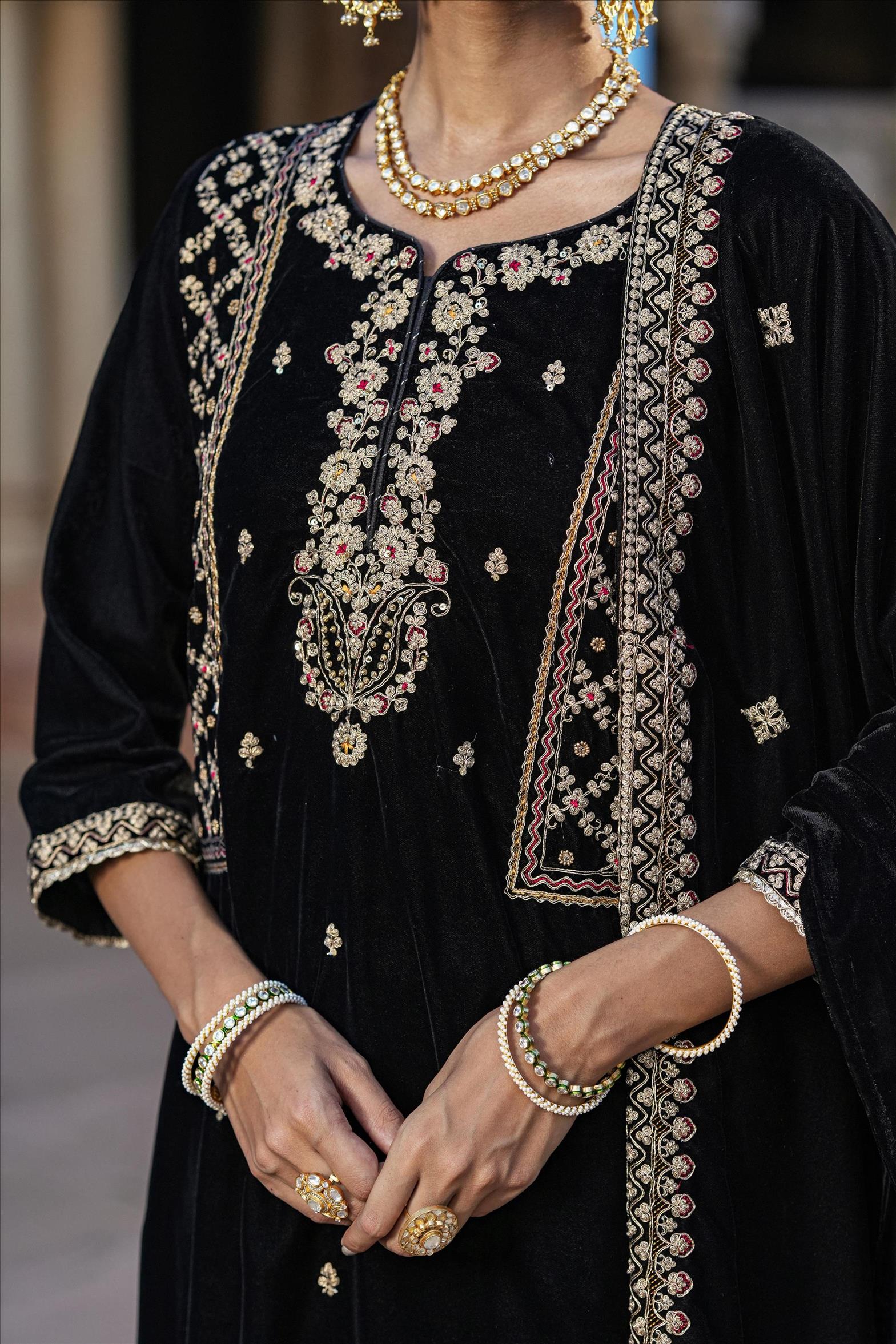 Black Velvet Zari Embroidered Suit Set