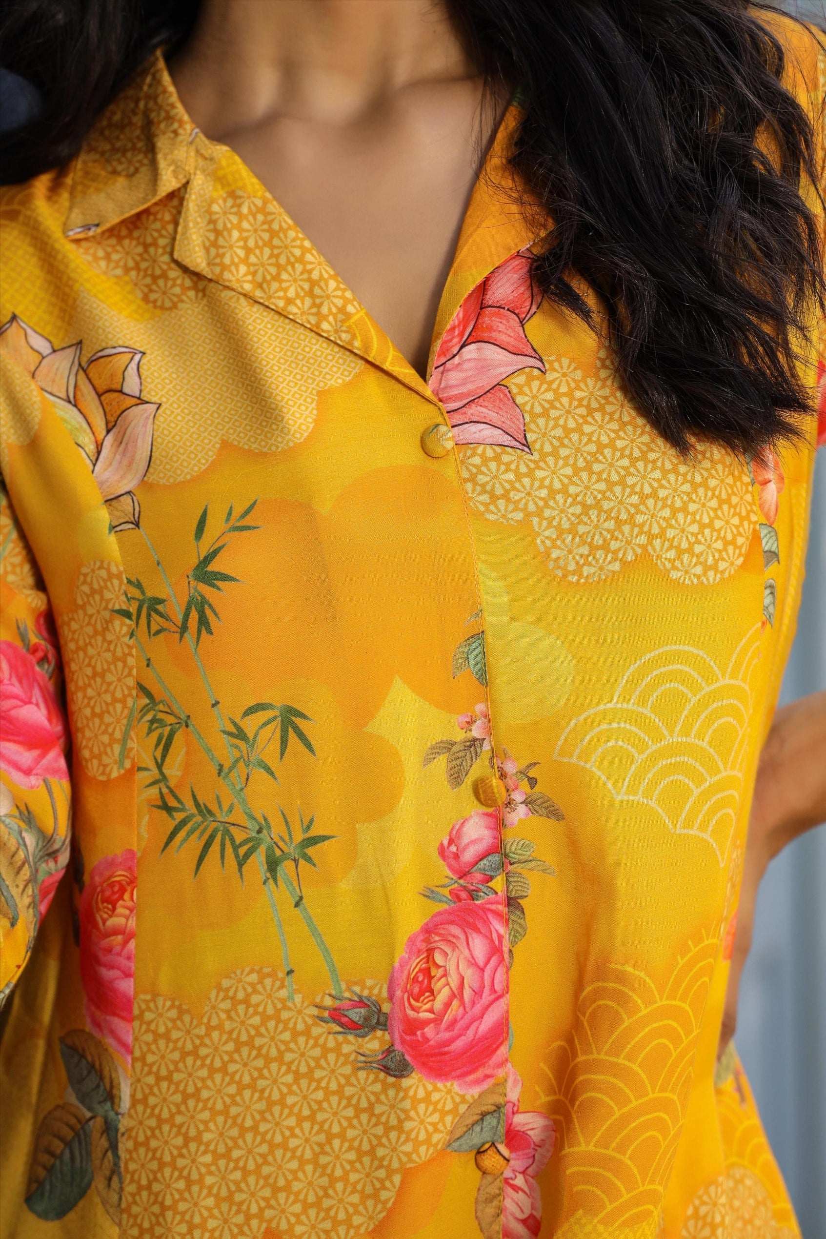 Yellow Muslin Silk Floral Print Co-Ord Set