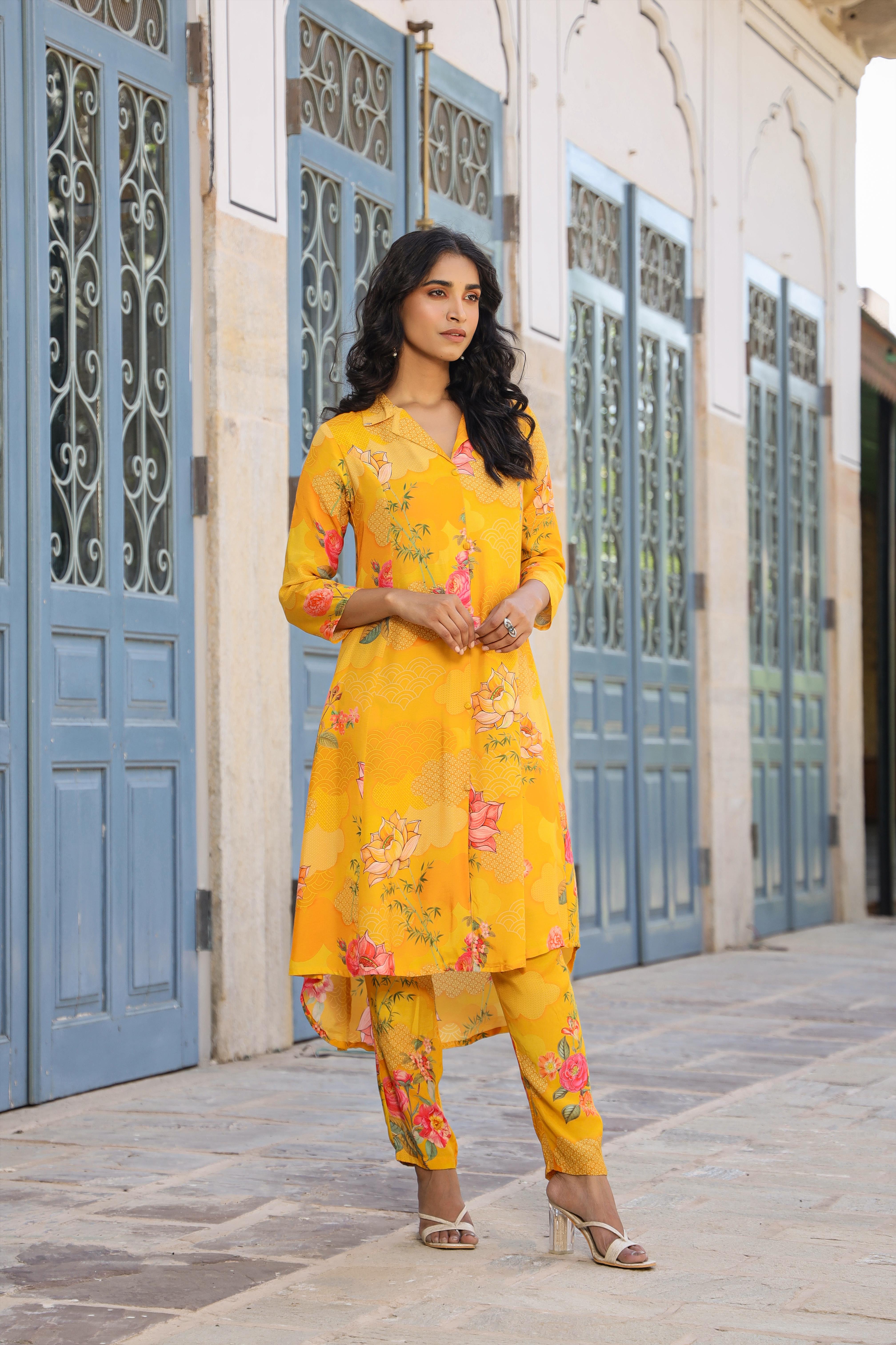 Yellow Muslin Silk Floral Printed Co-Ord Set