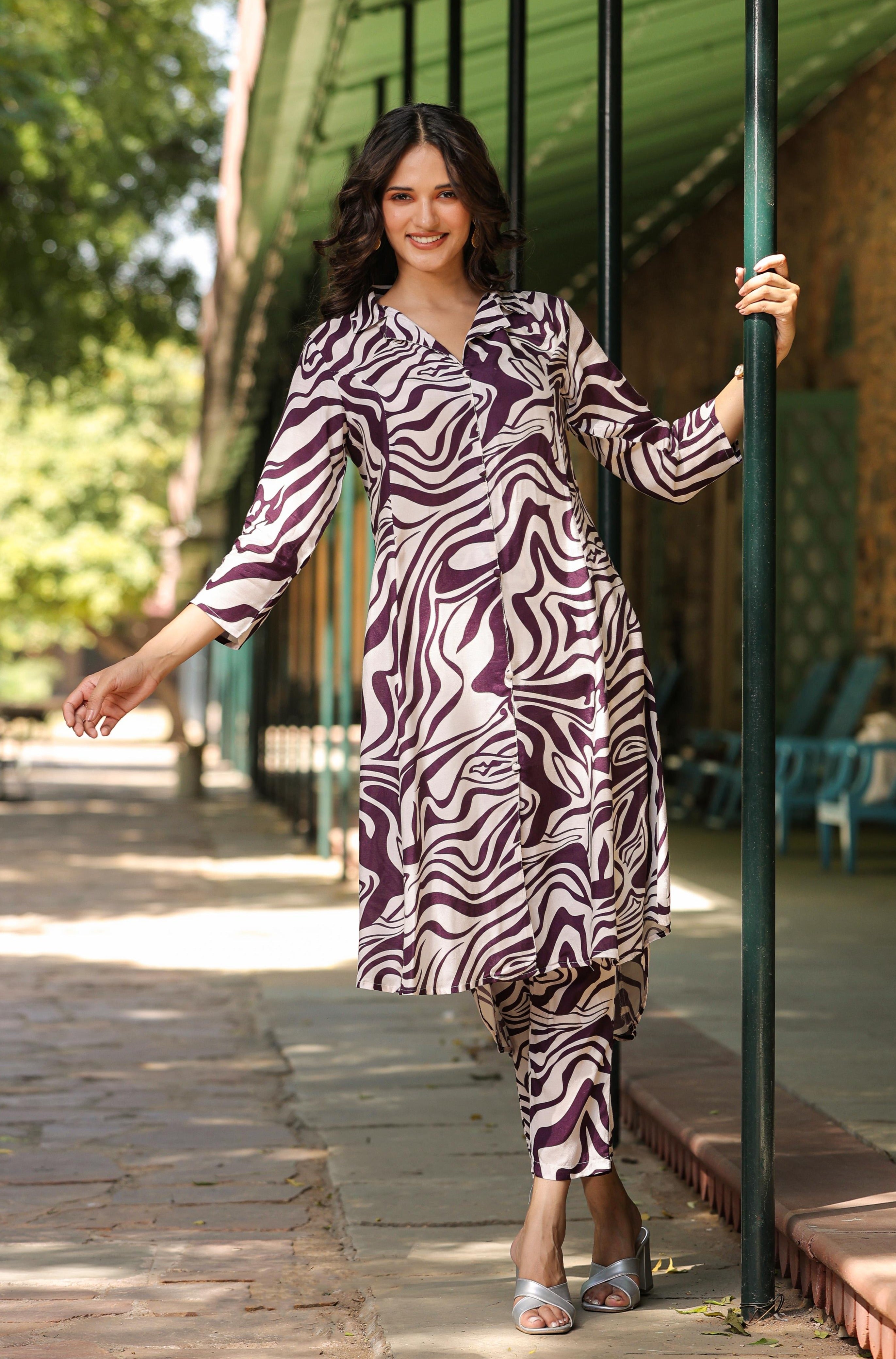 Purple Muslin Silk Zebra Print Co-Ord Set