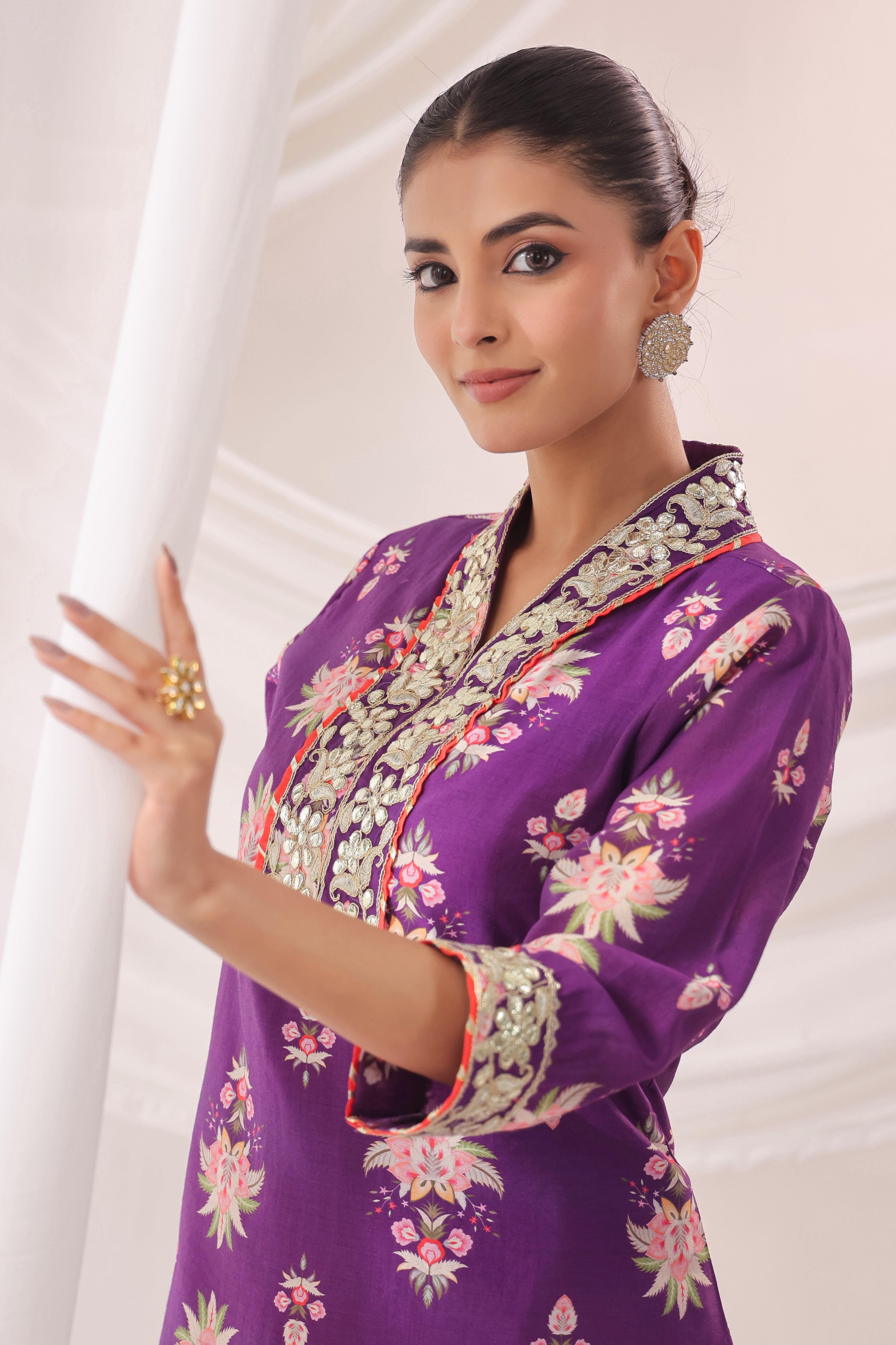 Purple Chanderi Silk Floral Printed Co-ord Set