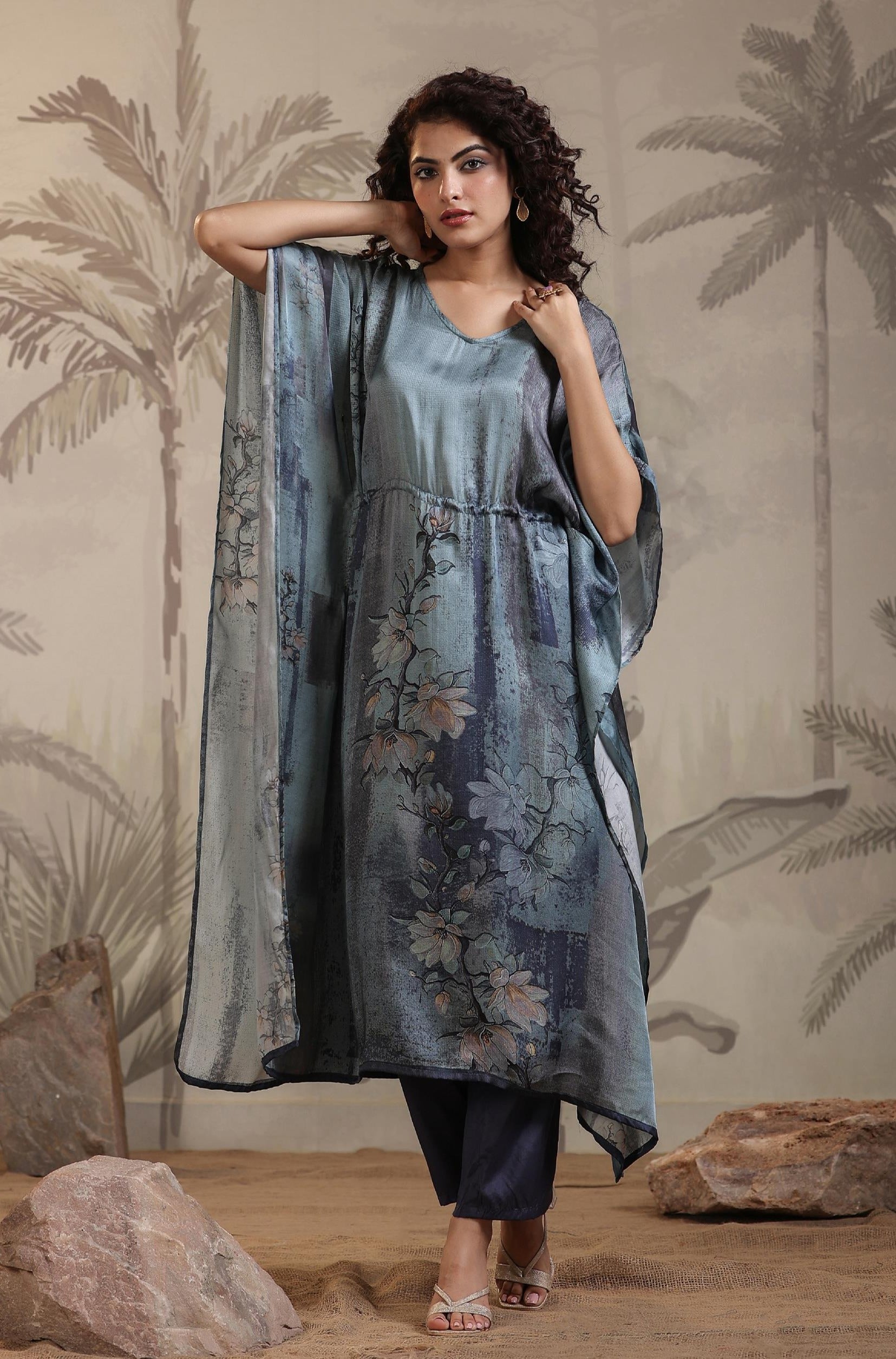 Blue Satin Floral Print Kaftan With Trousers