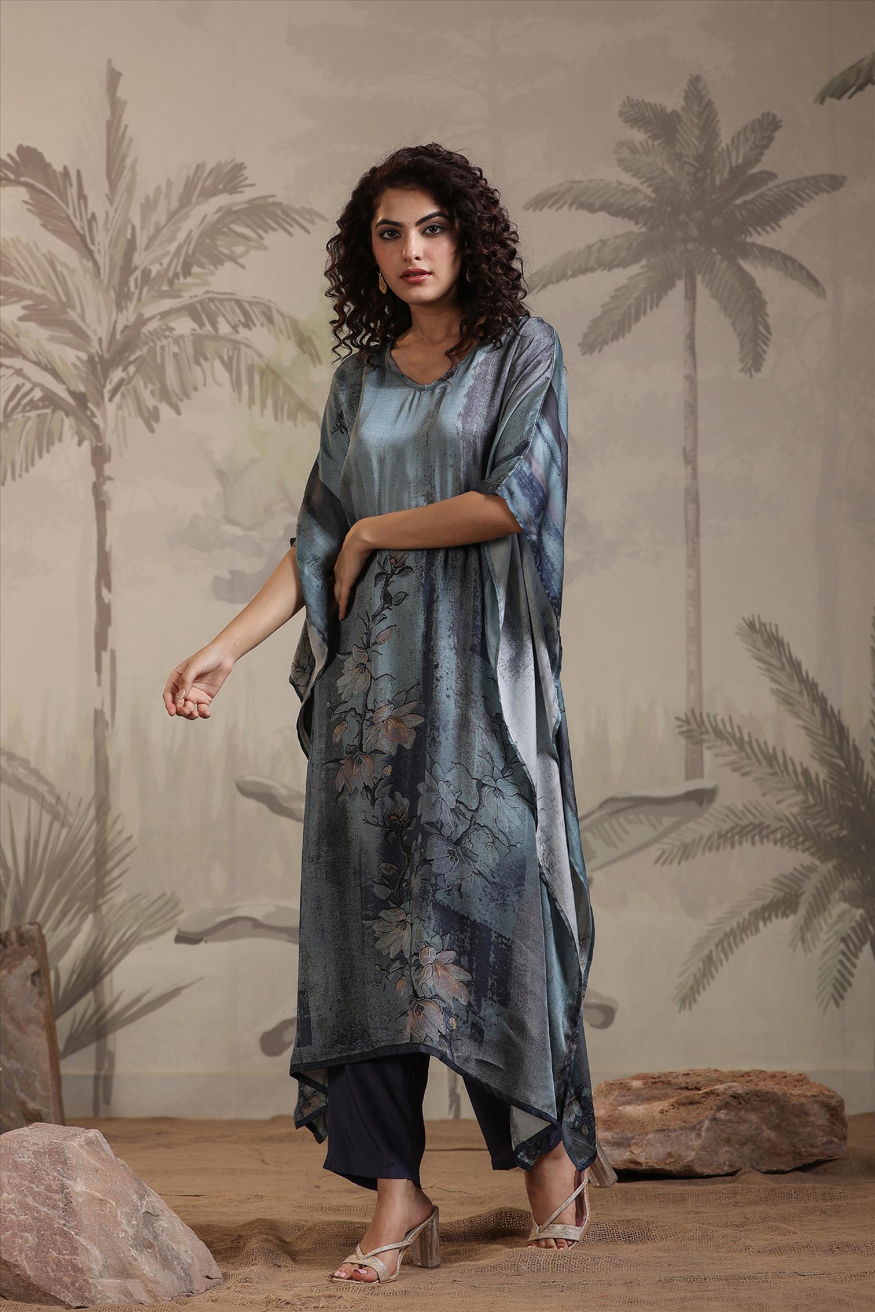 Blue Satin Floral Print Kaftan With Trousers