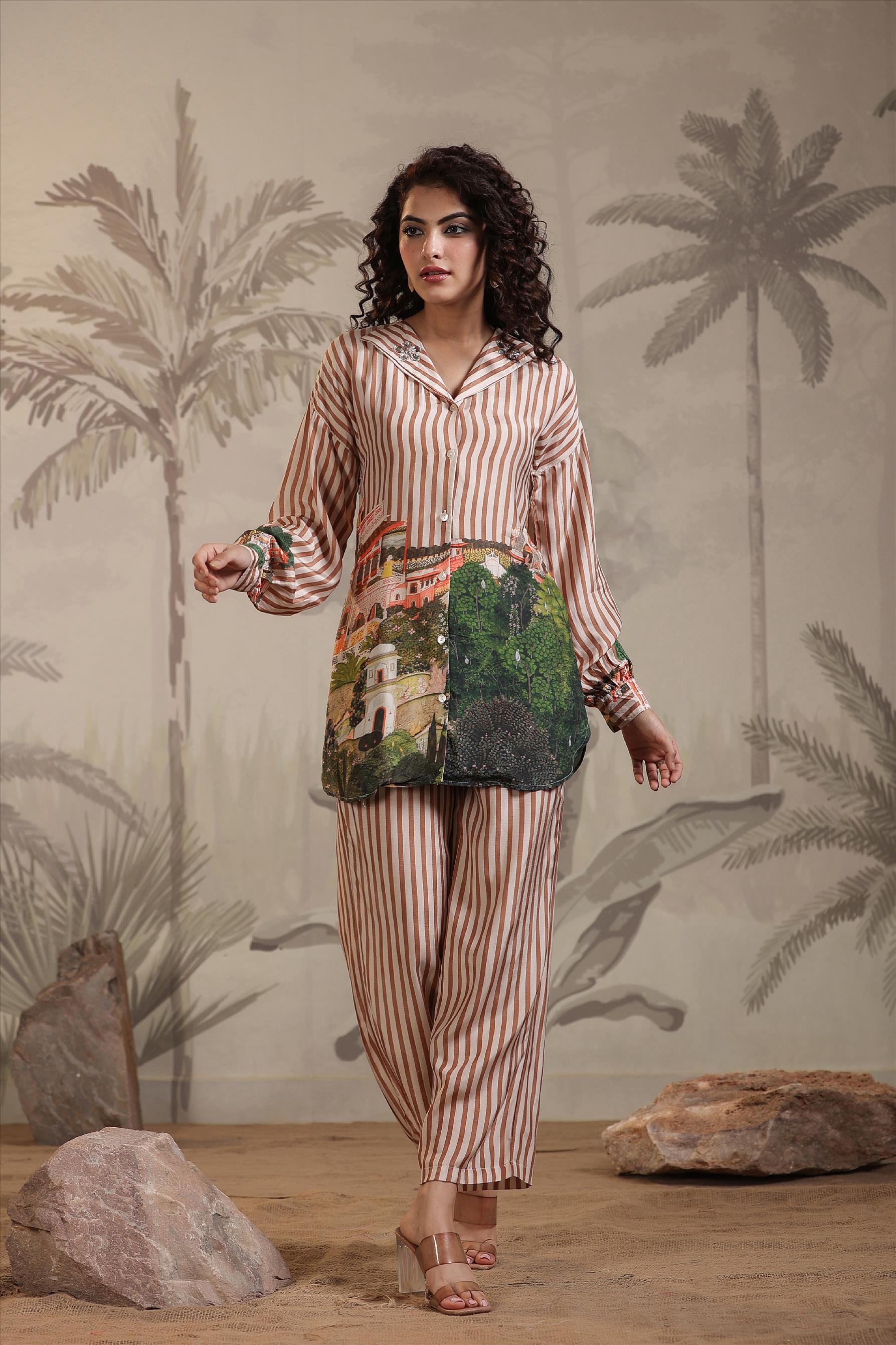Beige Muslin Silk Placement Print With Stripes Co-Ord Set
