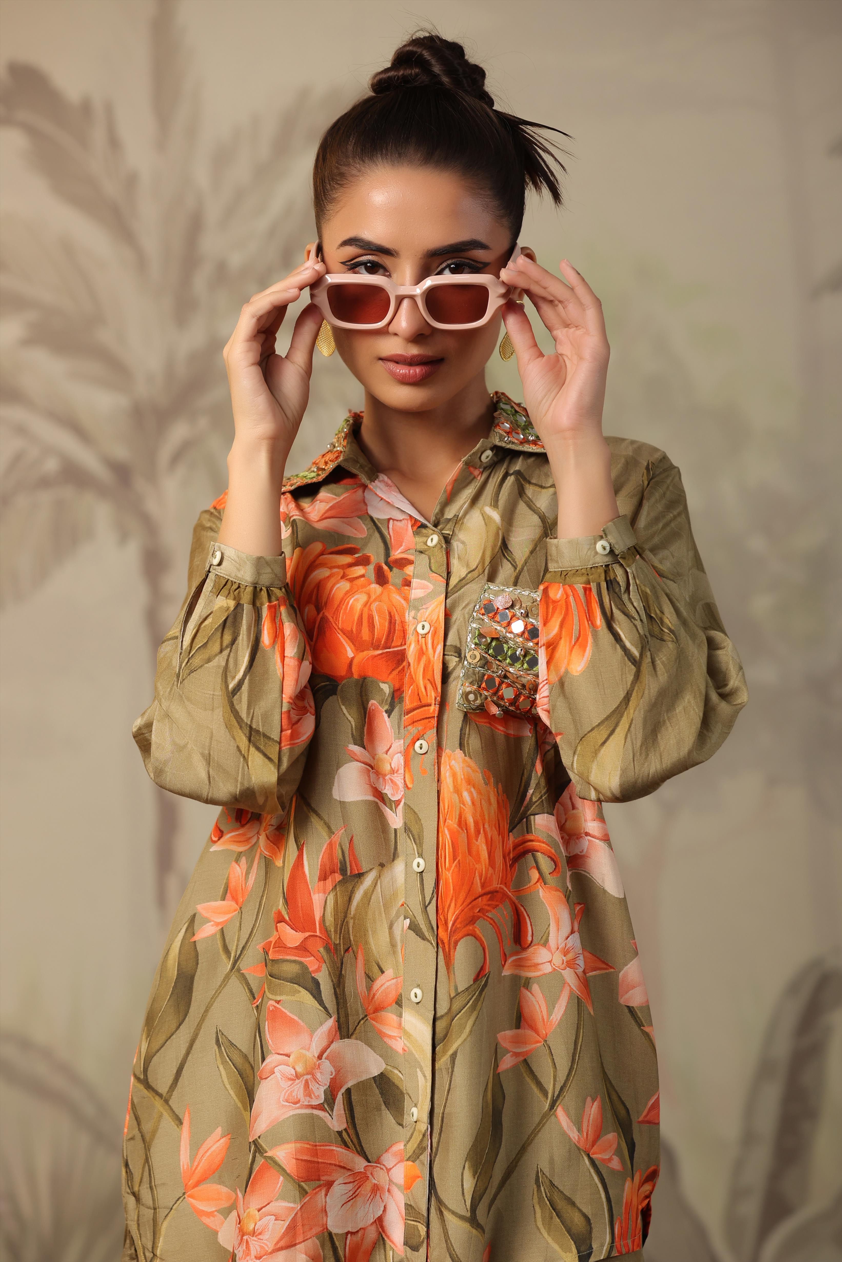 Olive Muslin Silk Floral Print Embellished Co-Ord Set