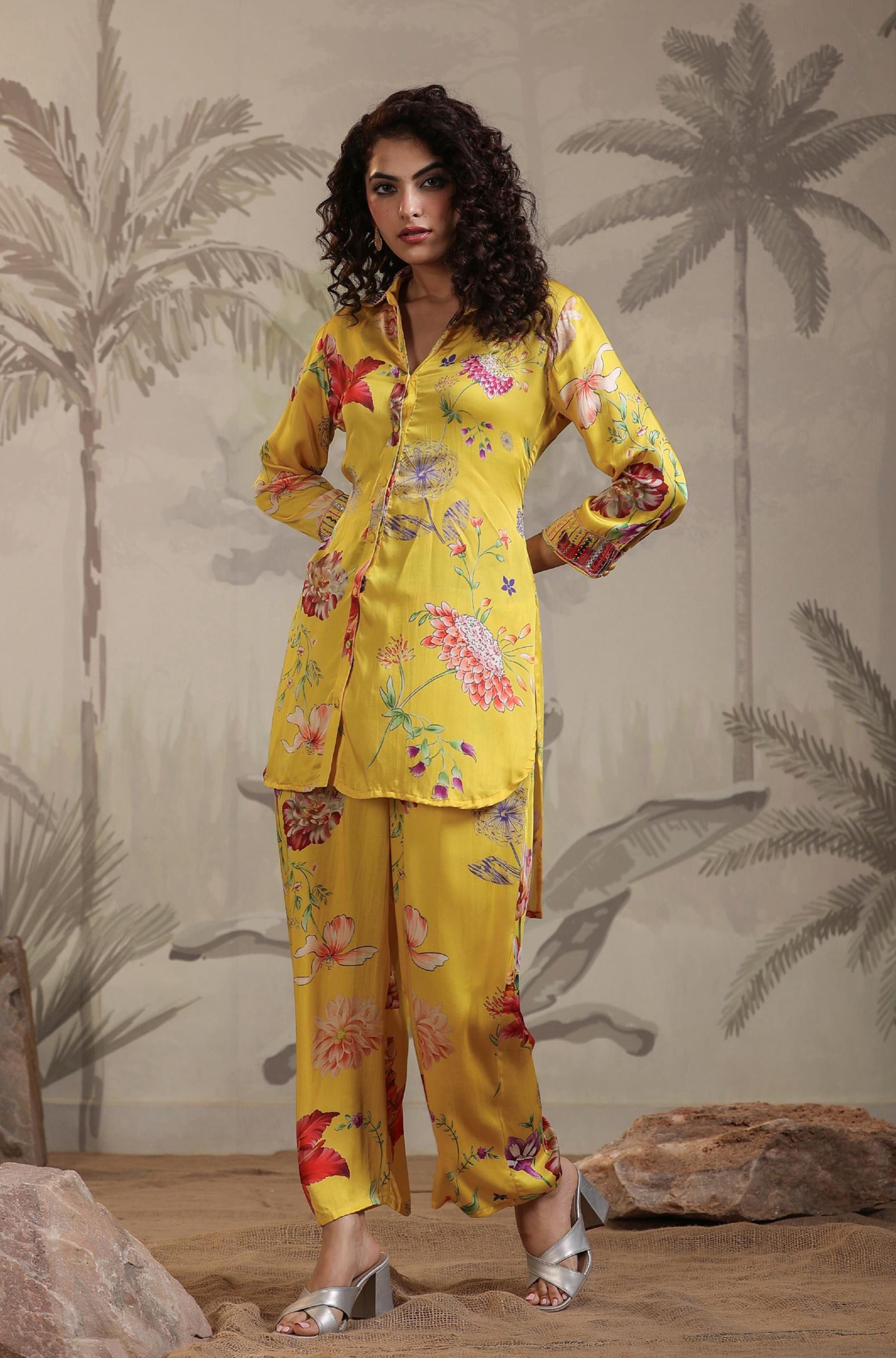 Yellow Satin Floral Print Embellished Co-Ord Set
