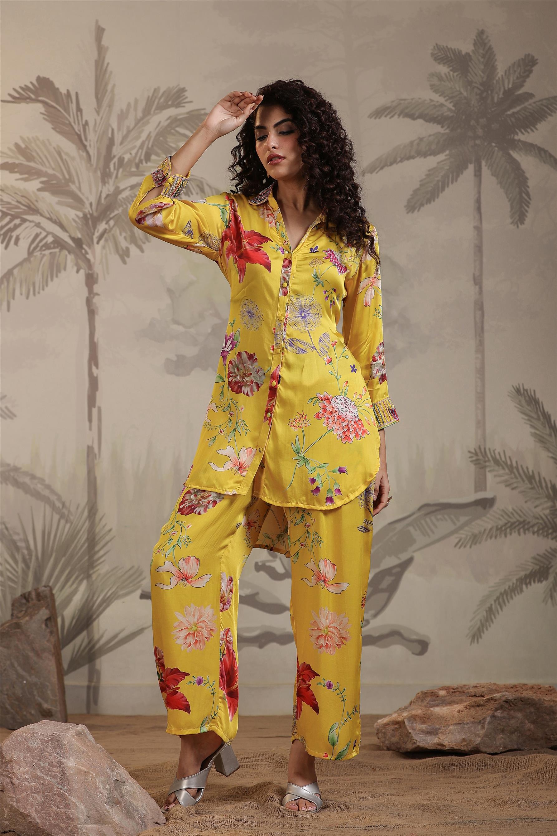 Yellow Satin Floral Print Embellished Co-Ord Set