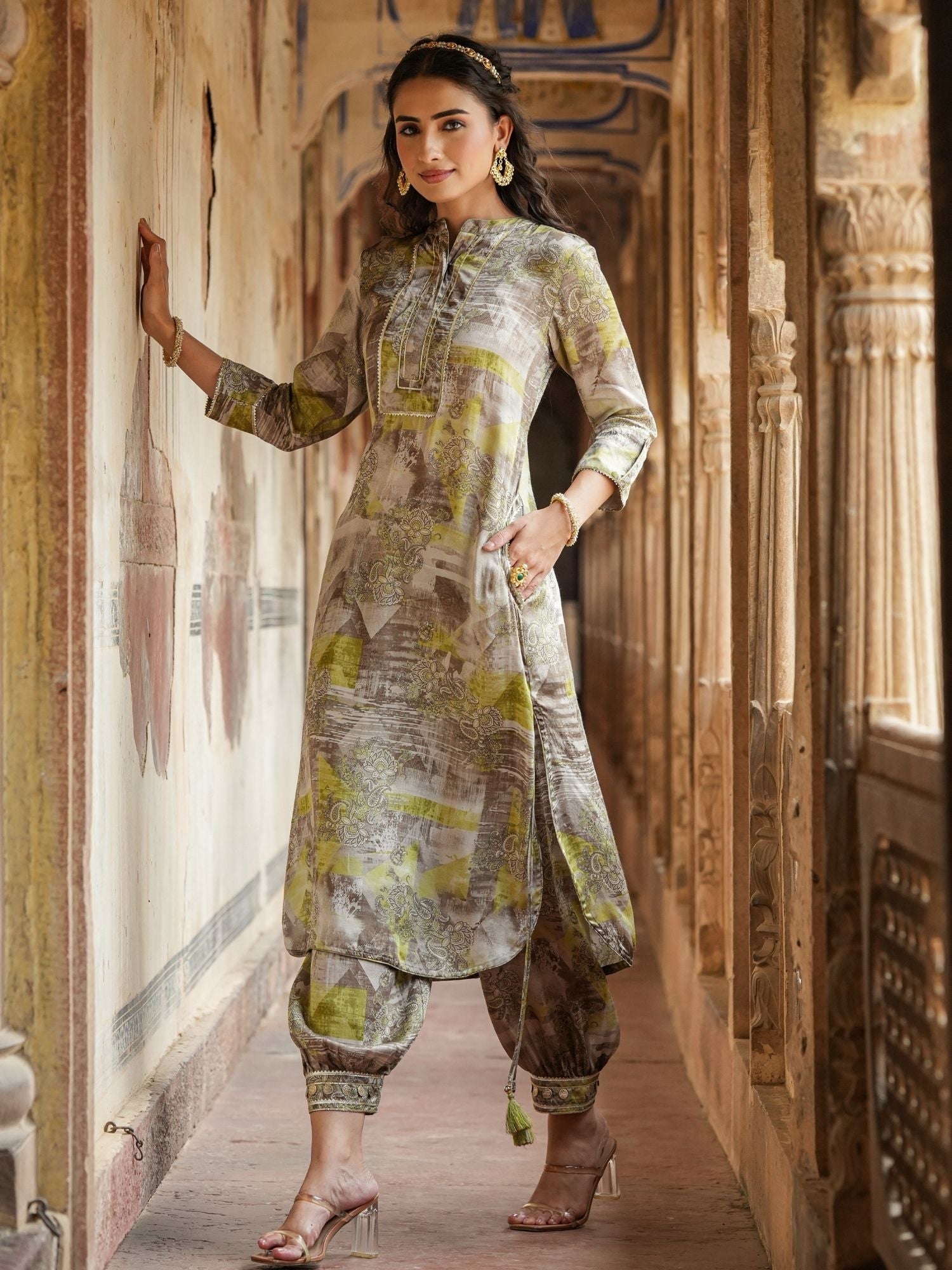 Grey Satin Print With Gota Work Pathani Suit Set