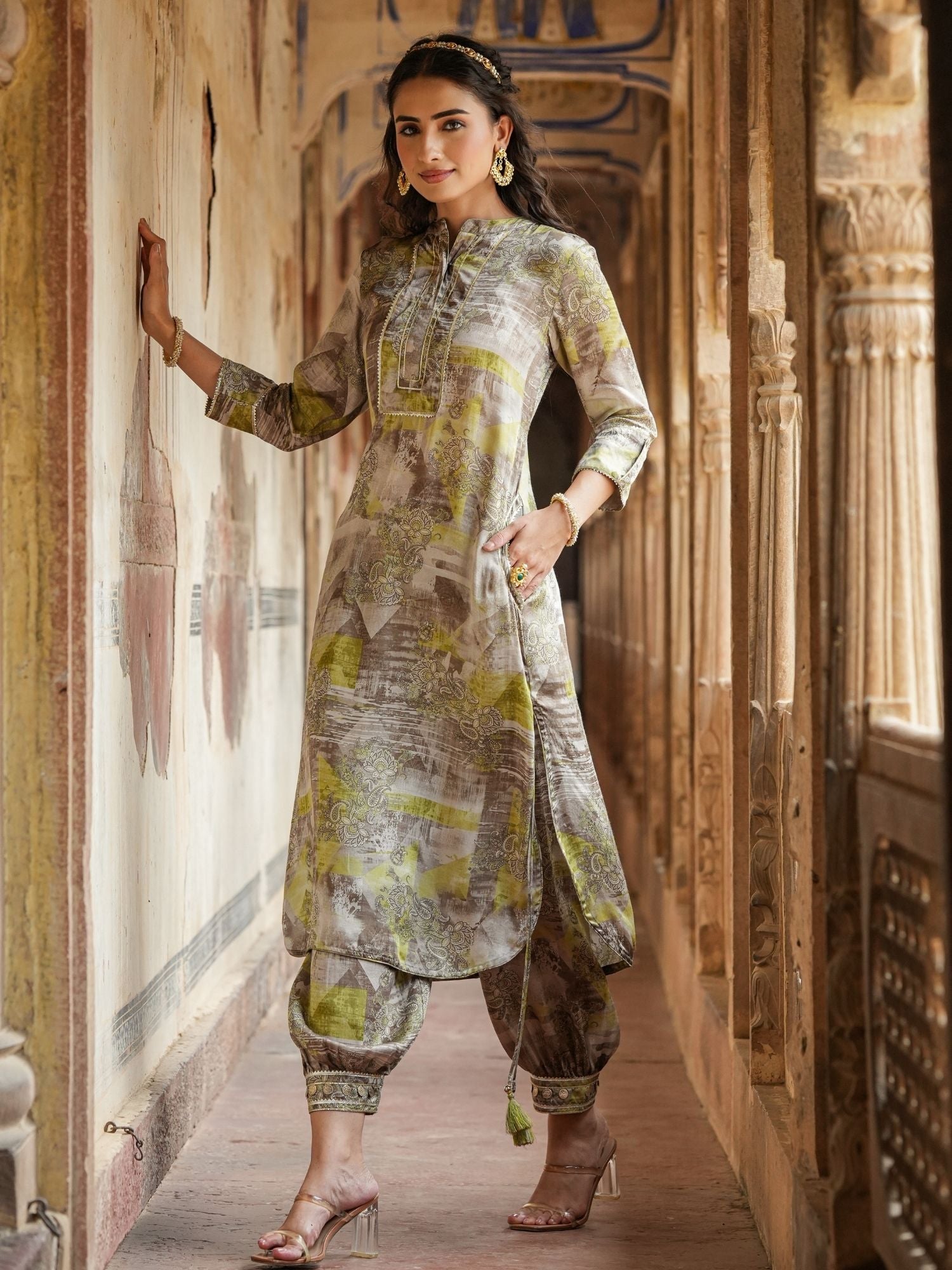 Grey Satin Printed Pathani Co-Ord Set