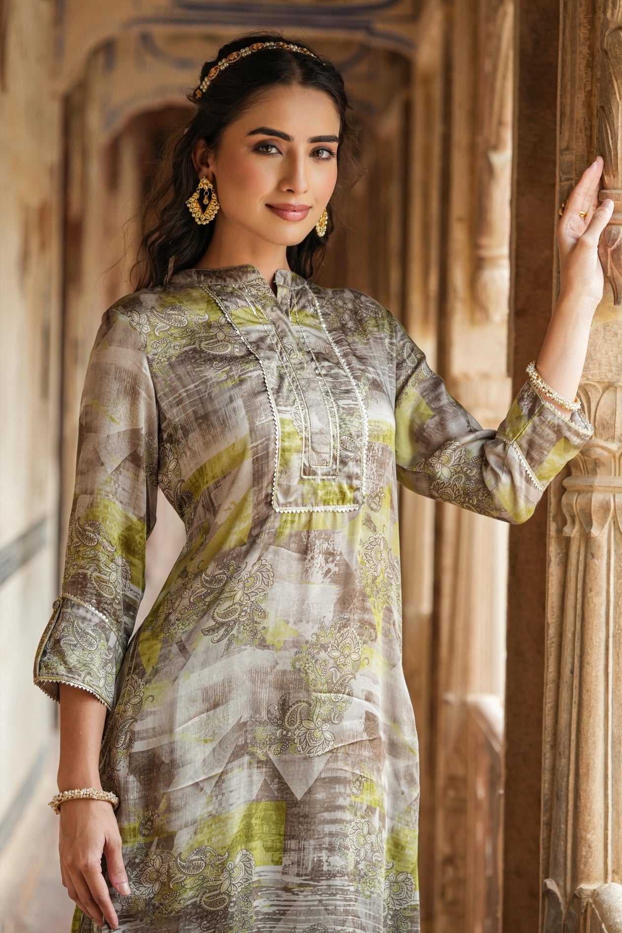 Grey Satin Print With Gota Work Pathani Suit Set