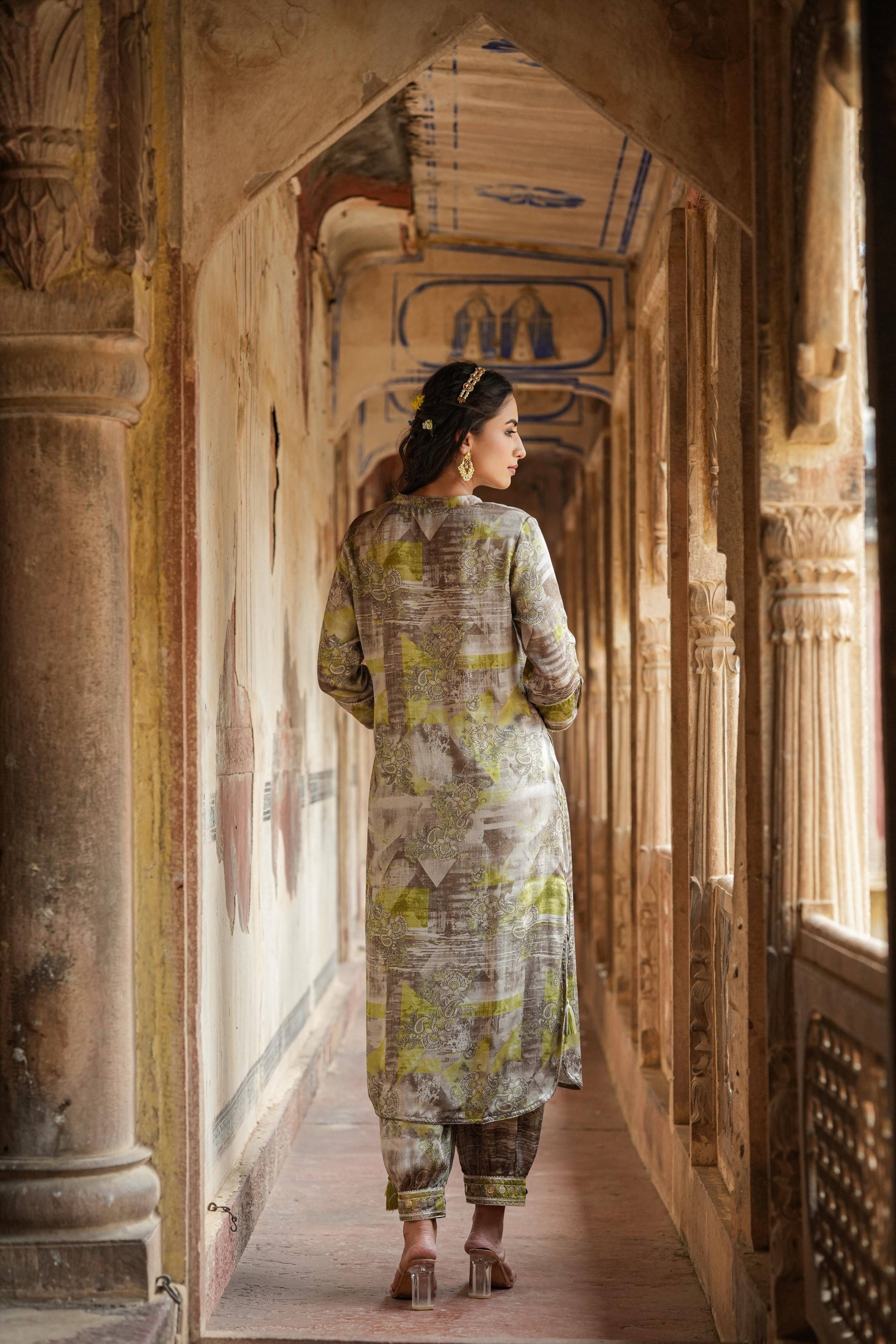Grey Satin Print With Gota Work Pathani Suit Set