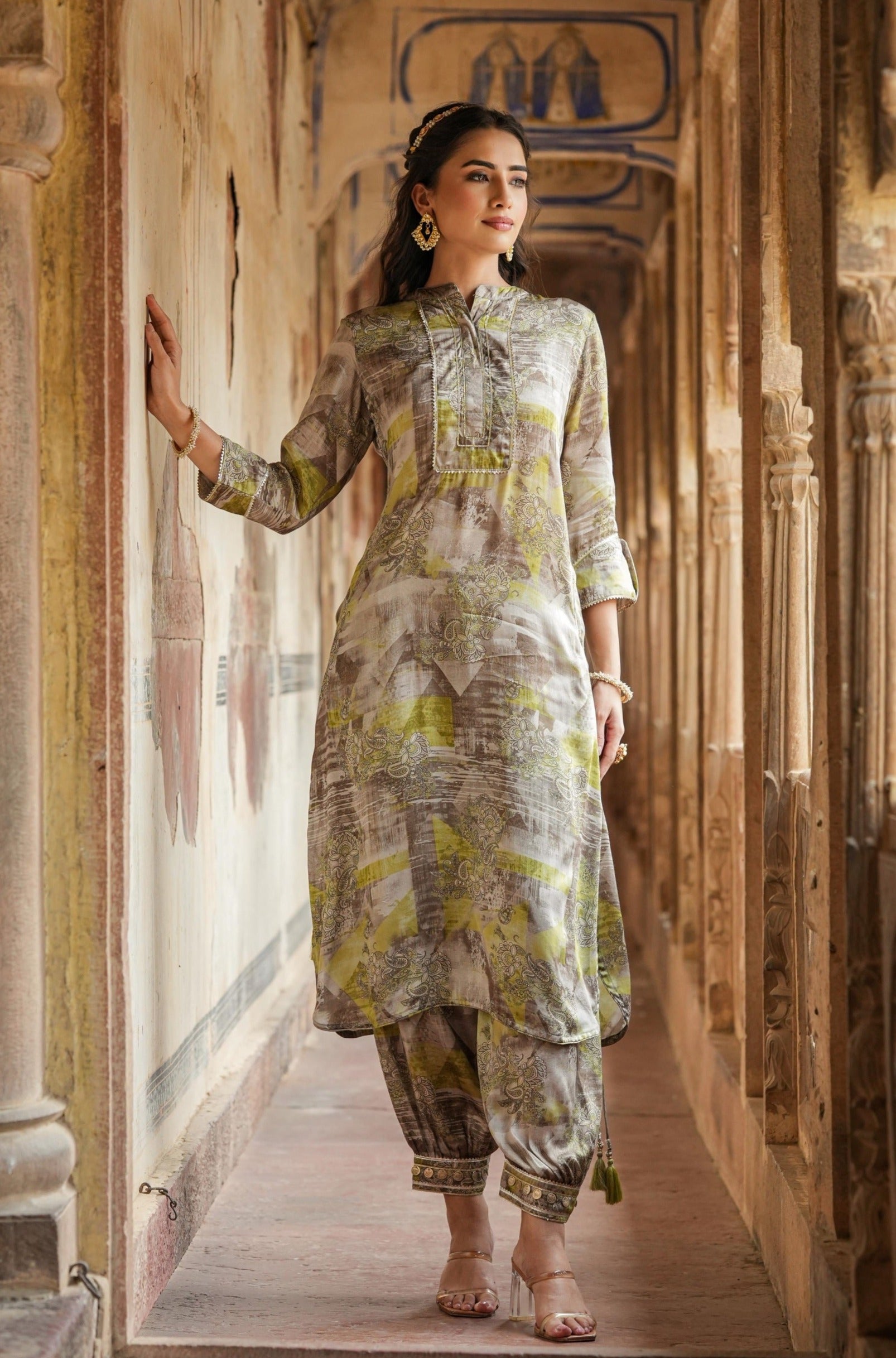 Grey Satin Print With Gota Work Pathani Suit Set