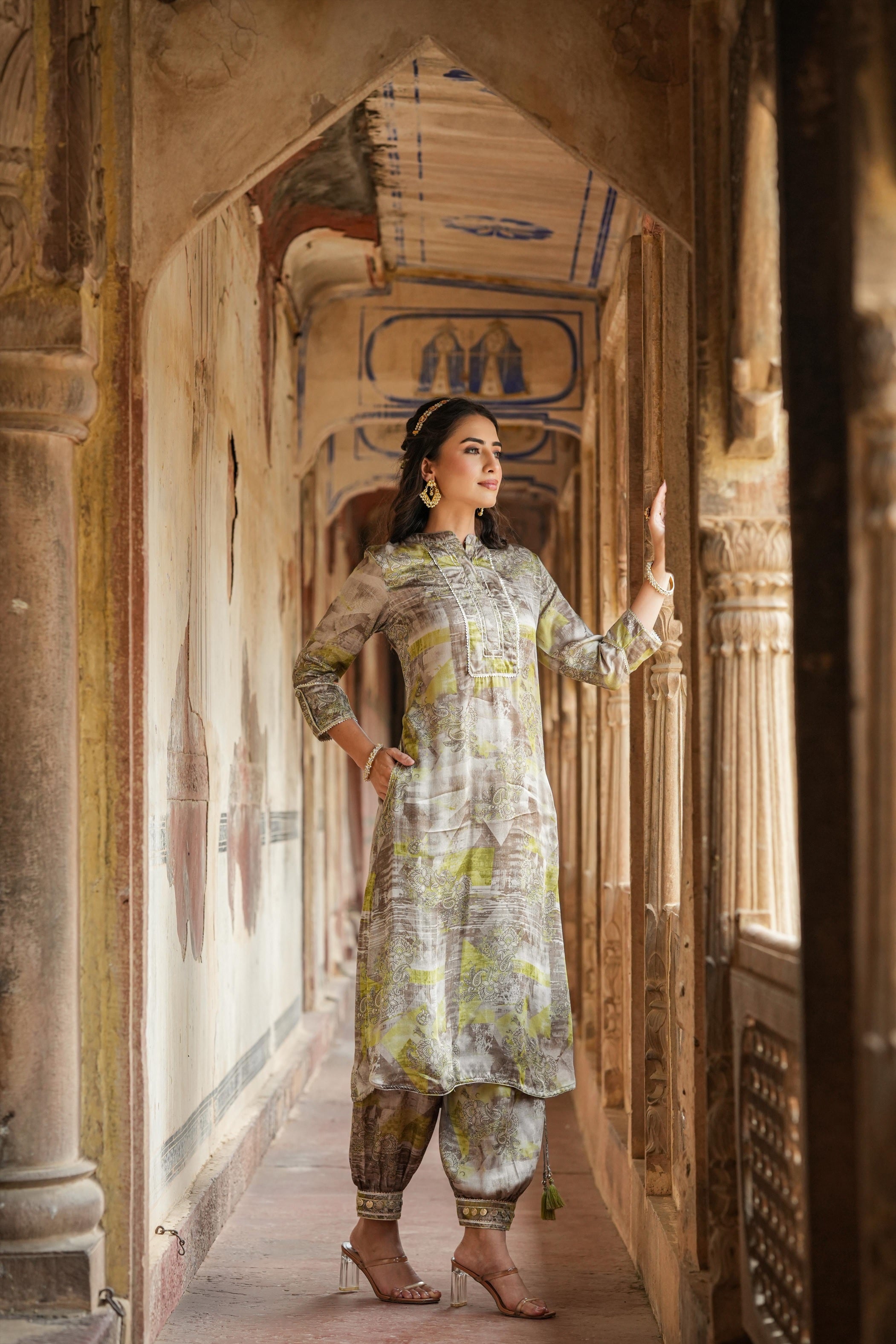 Grey Satin Print With Gota Work Pathani Suit Set