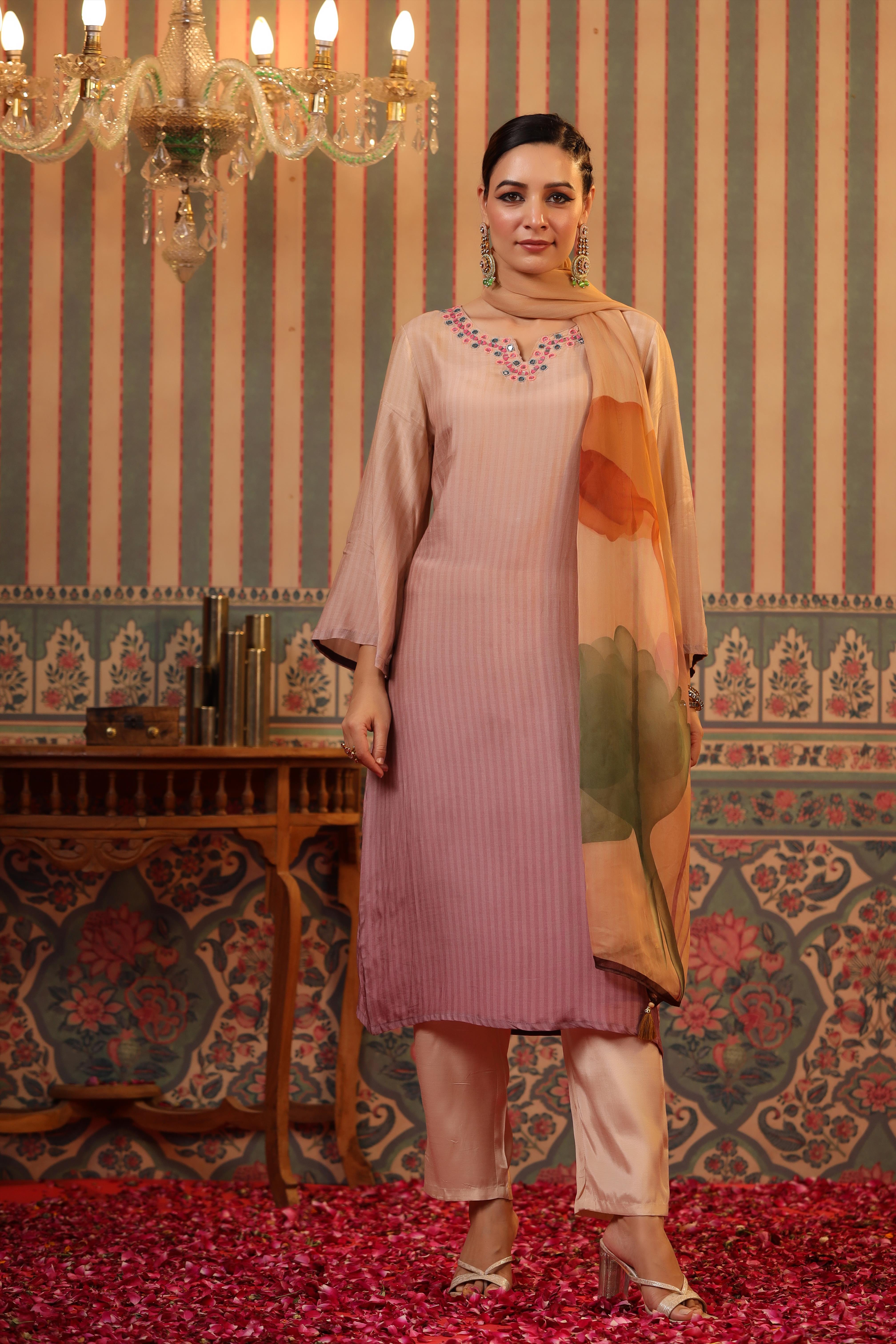 Lavender Muslin Silk Ombre Stripes Pakistani Suit Set