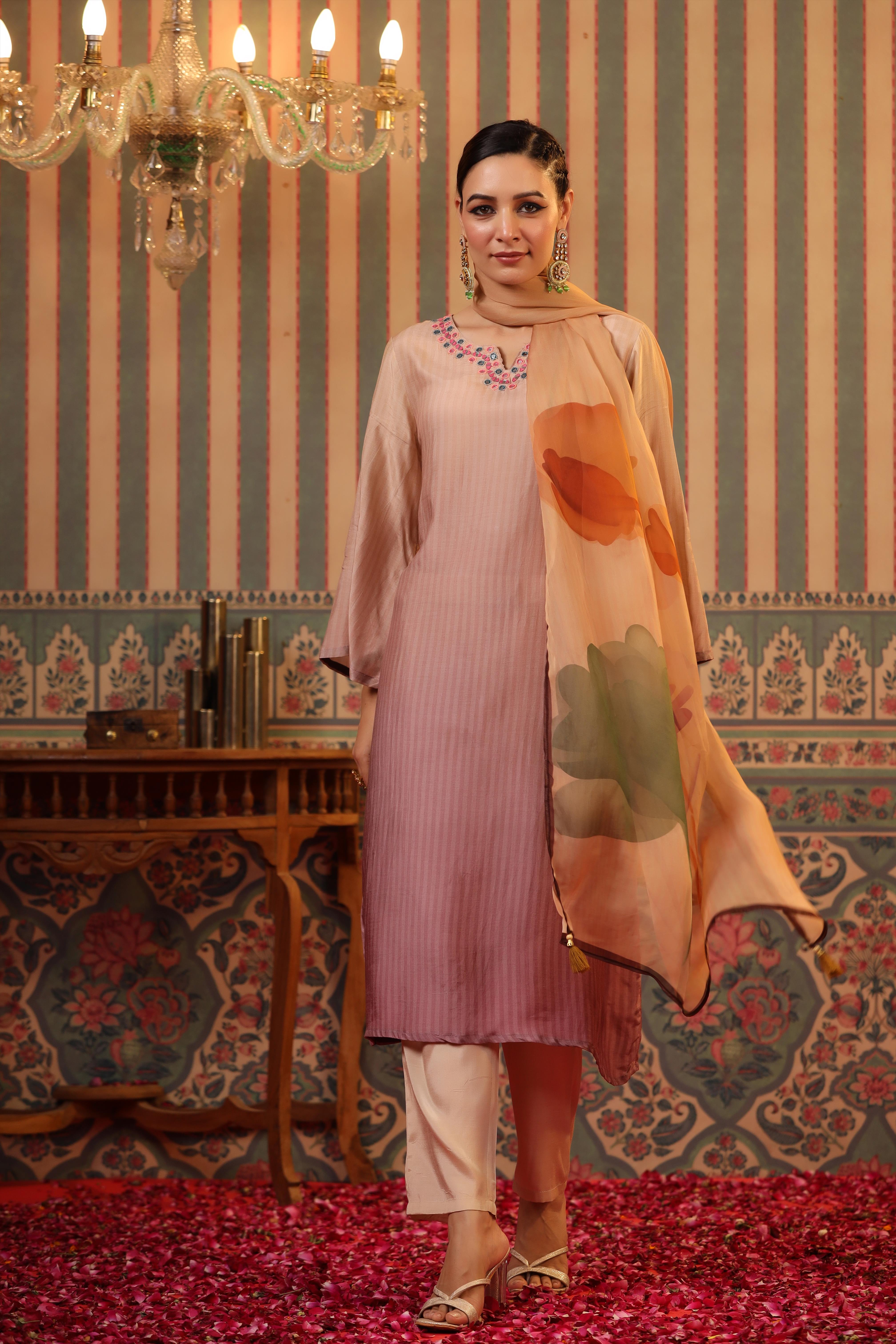 Lavender Muslin Silk Ombre Stripes Pakistani Suit Set