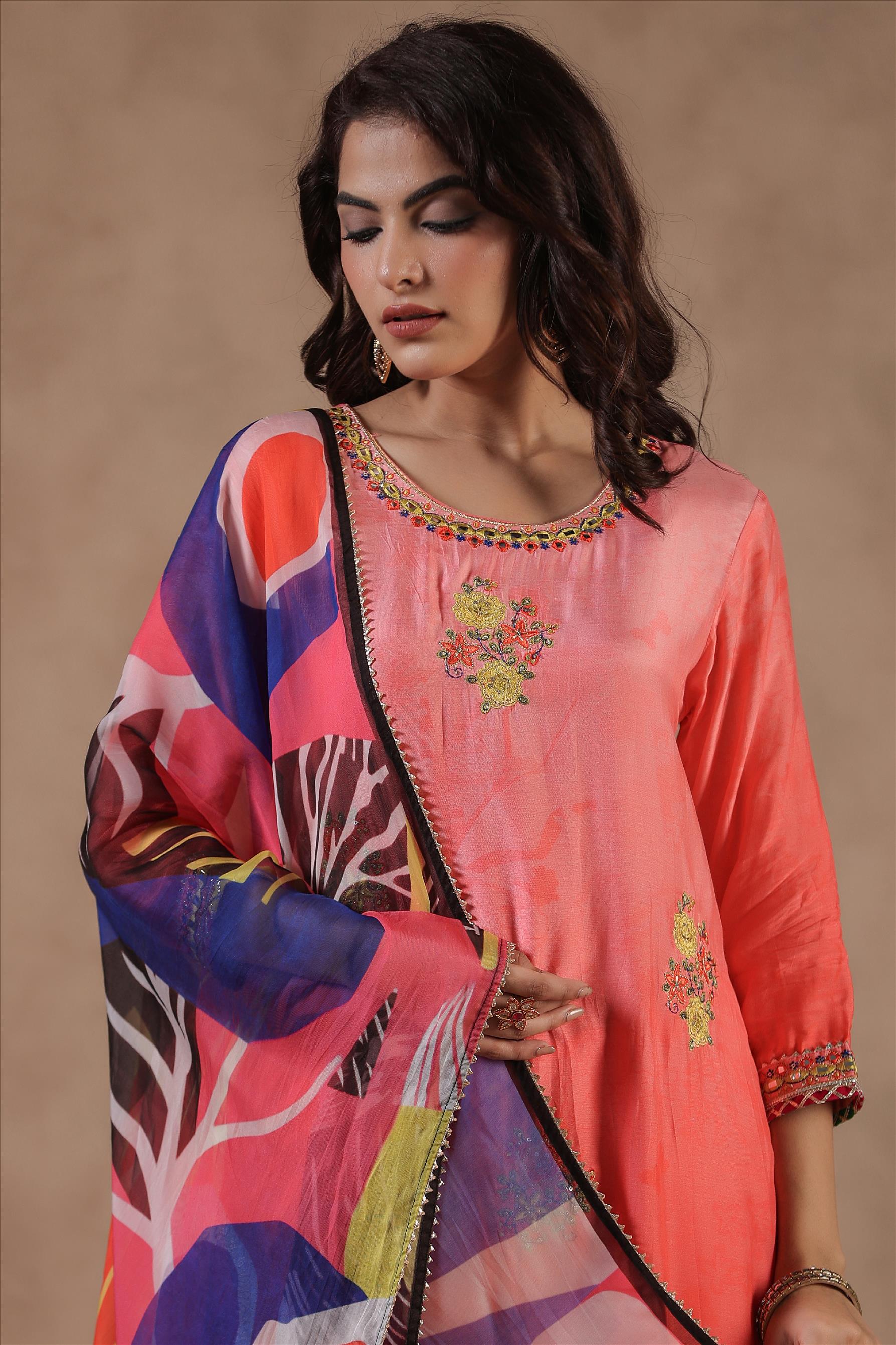 Pink Muslin Silk Floral Embroidered Suit Set