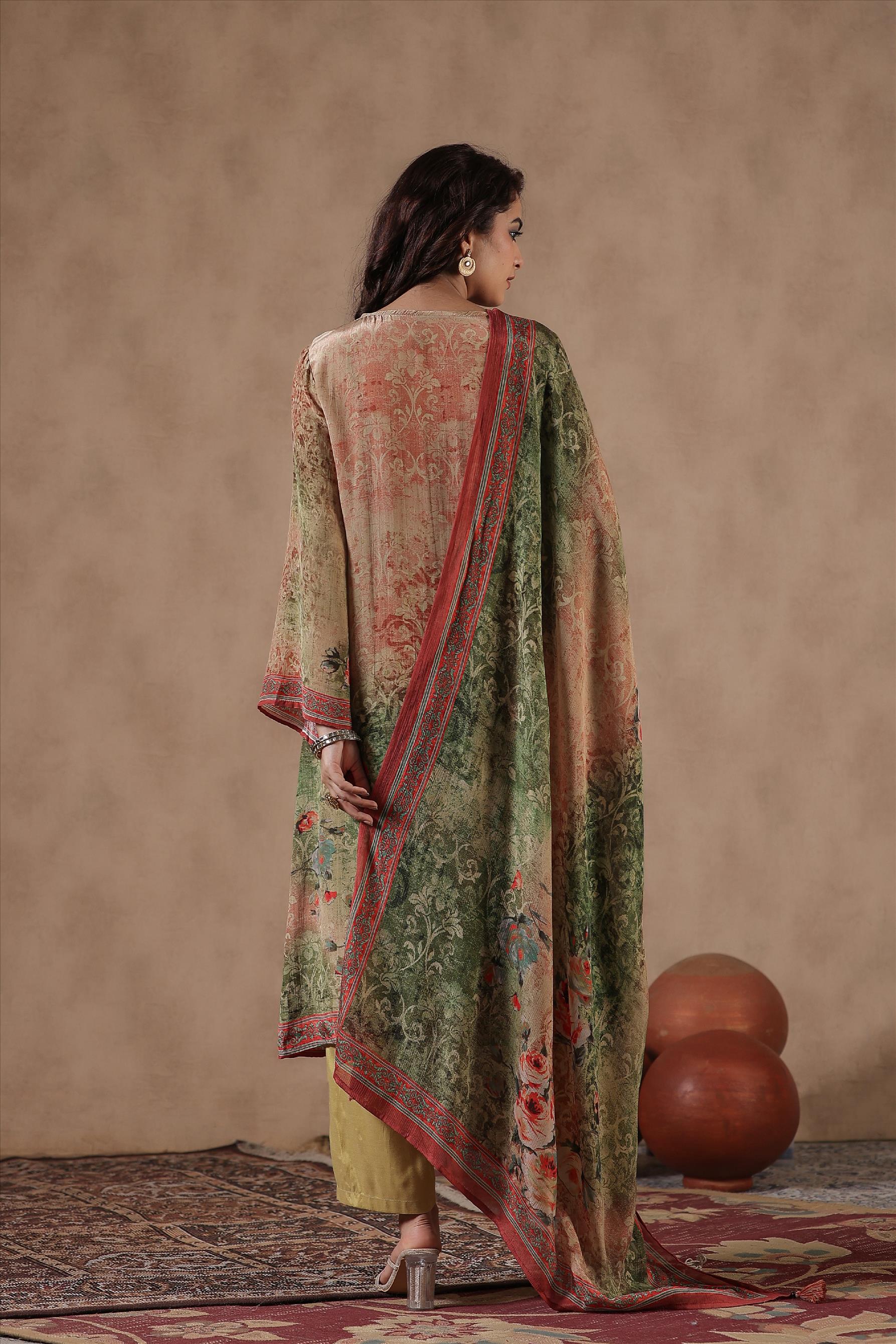 Green Crepe Silk Floral Print Suit Set