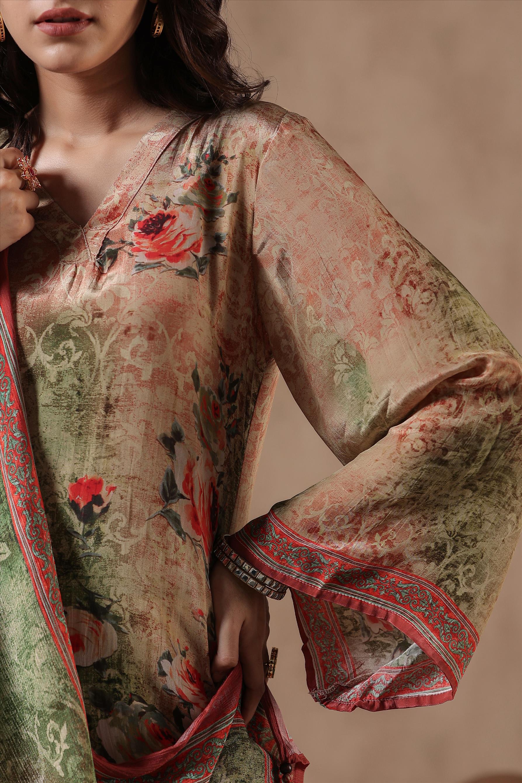 Green Crepe Silk Floral Print Suit Set