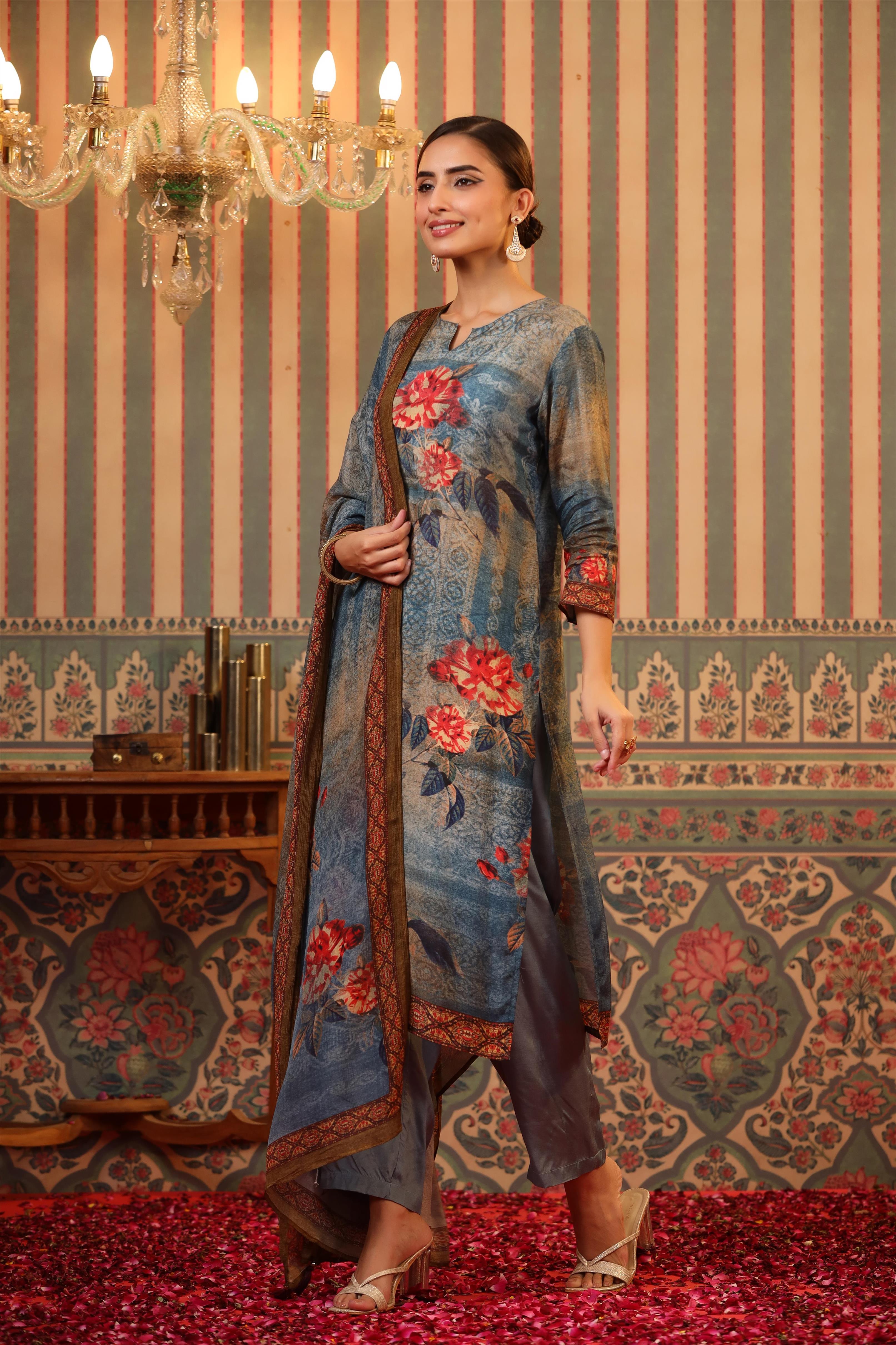 Blue Crepe Silk Floral Print Suit Set