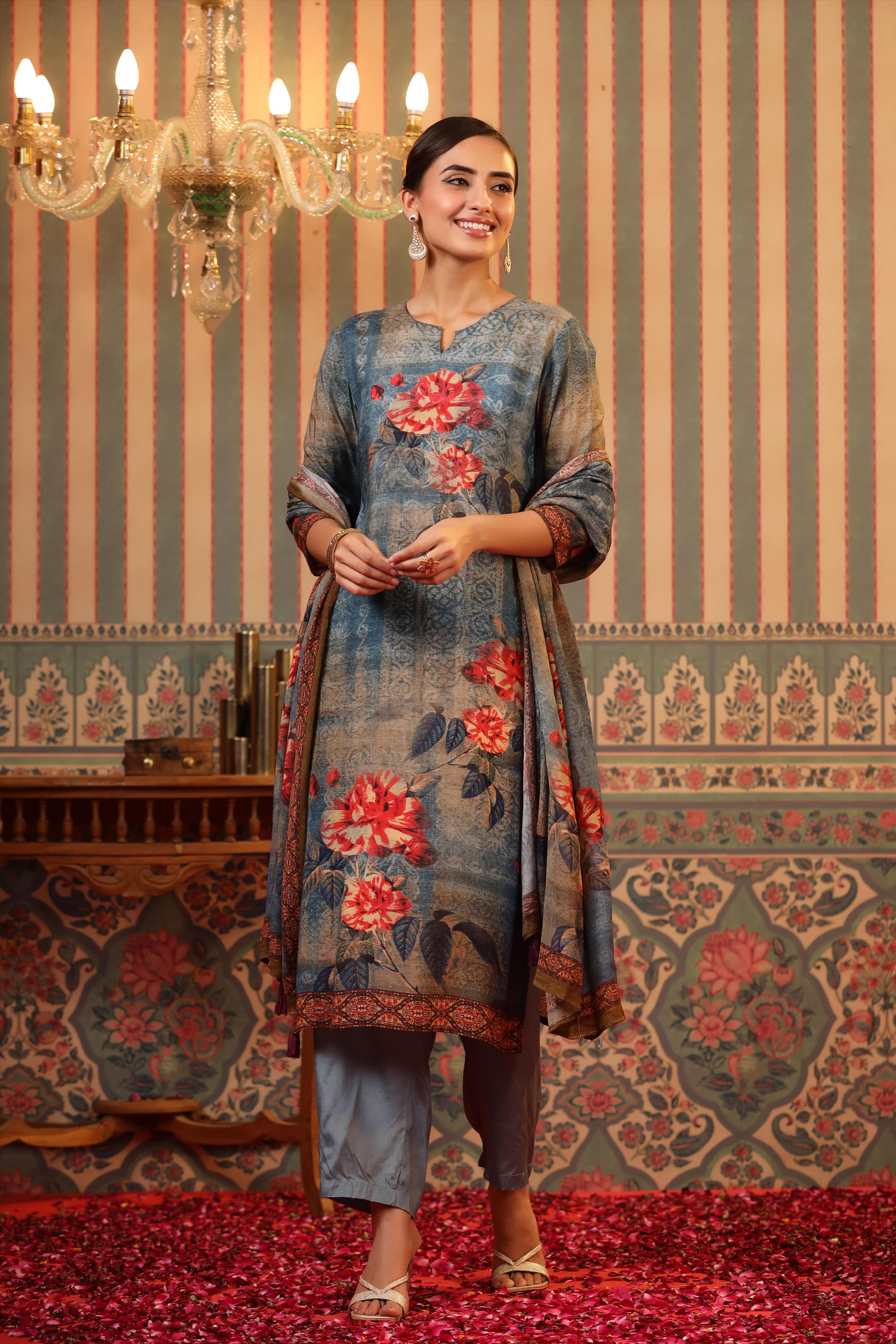 Blue Crepe Silk Floral Print Suit Set