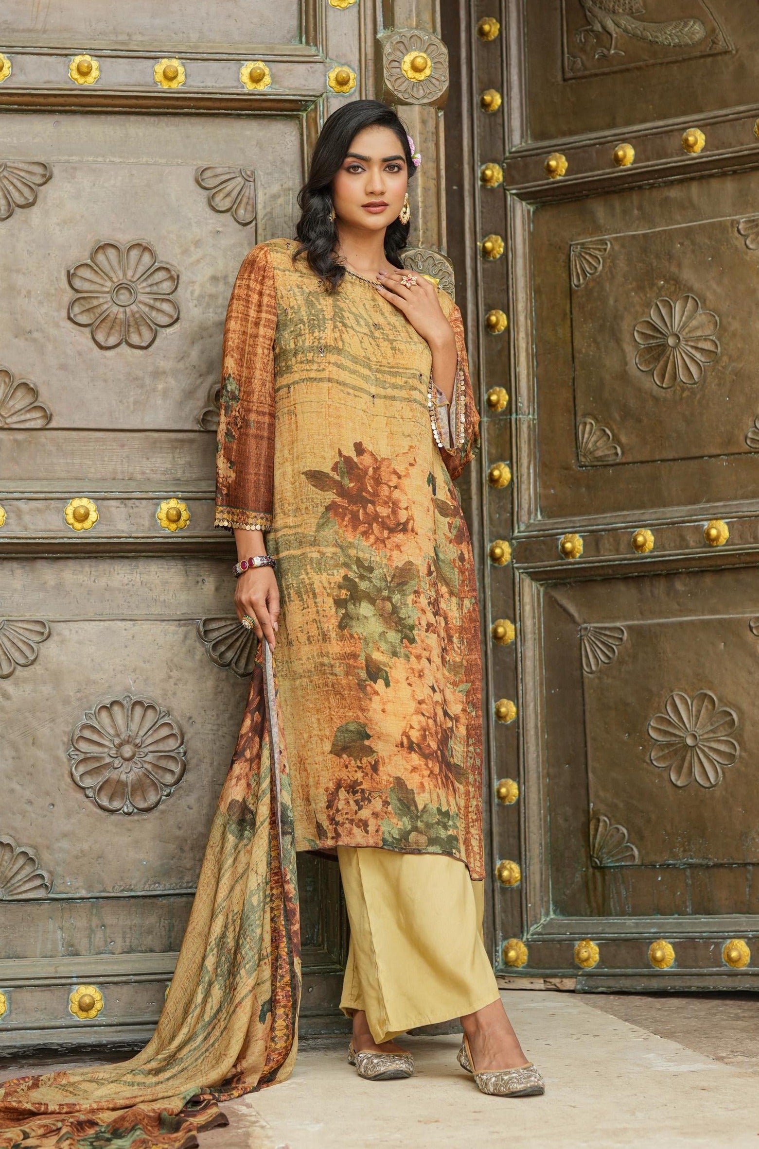 Brown Crepe Silk Floral Print Embellished Suit Set