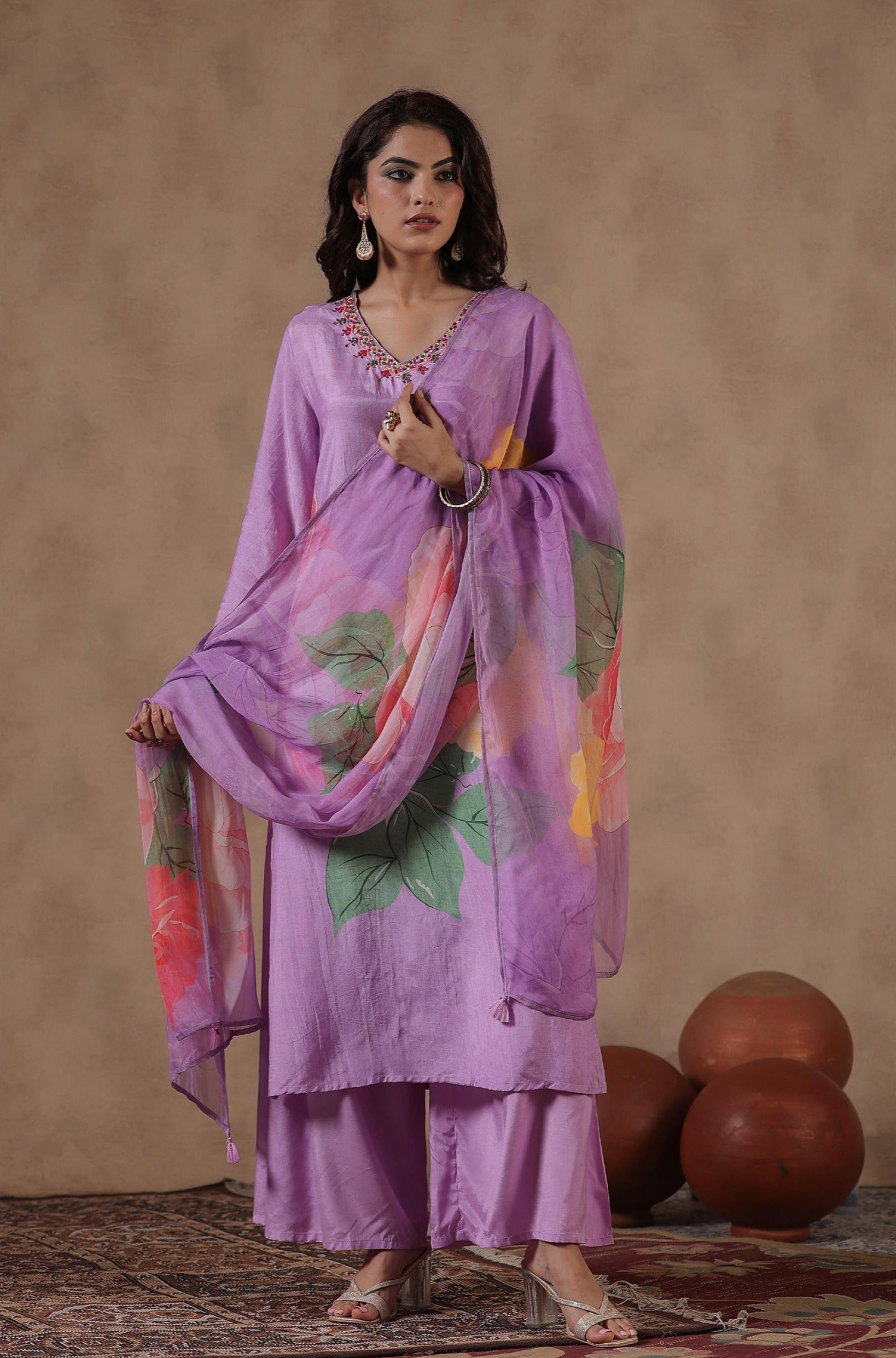 Lavender Muslin Silk Floral Print Sharara Set