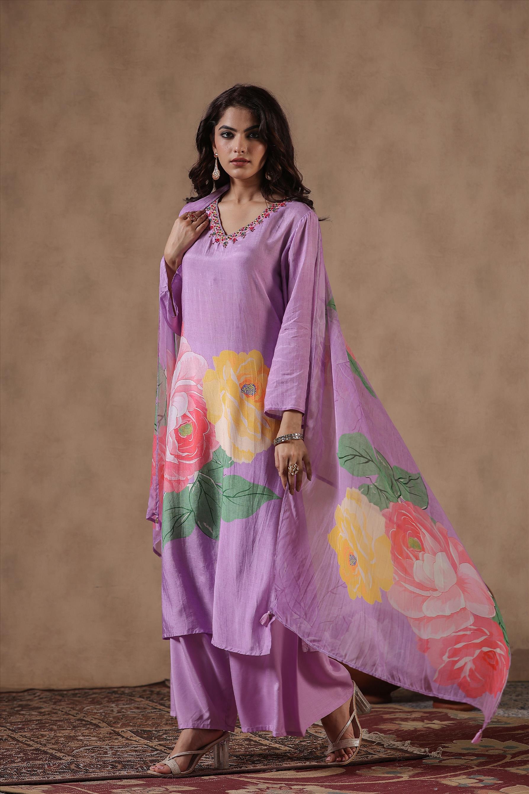 Lavender Muslin Silk Floral Print Sharara Set