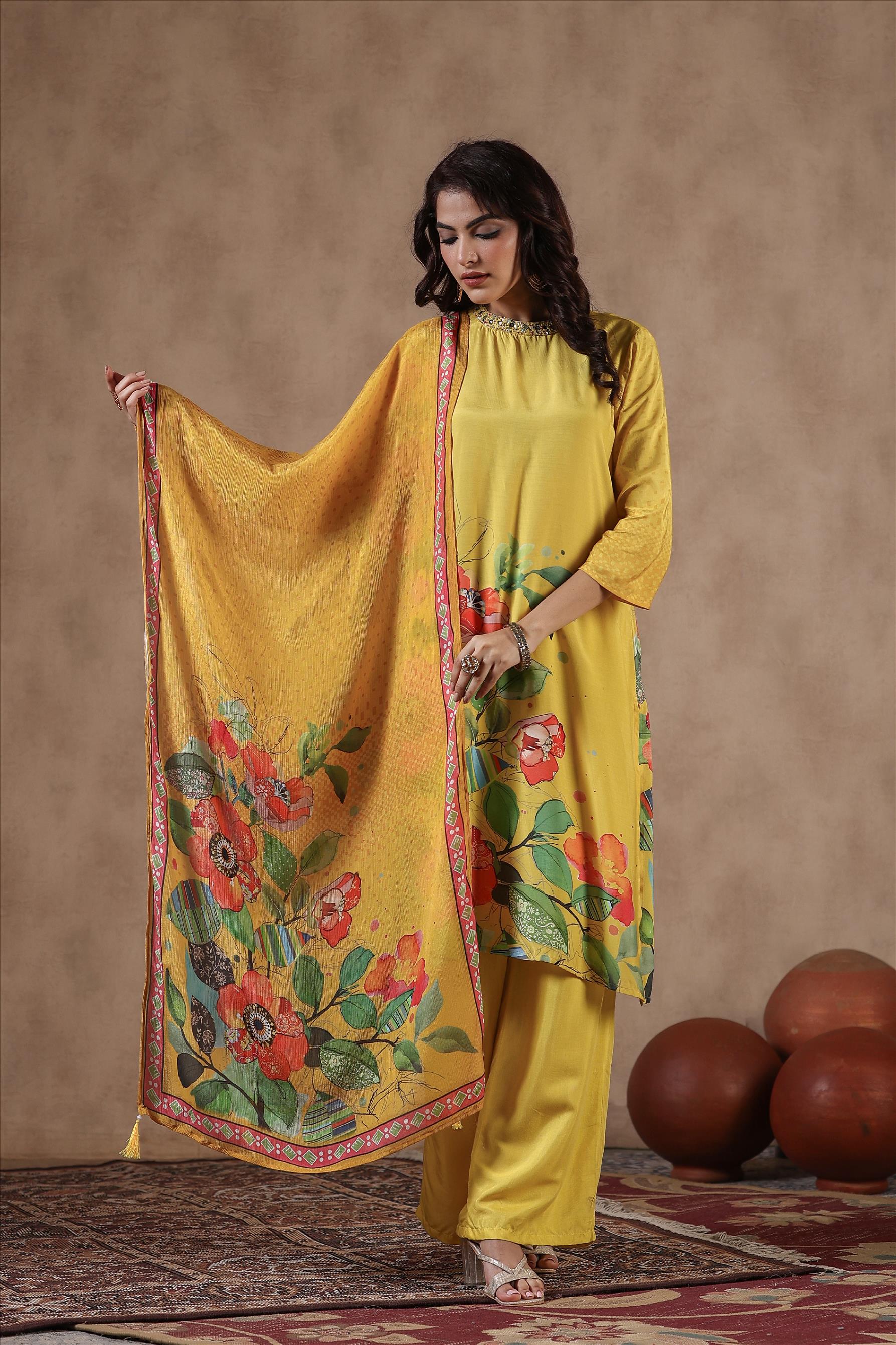 Yellow Muslin Silk Floral Printed Suit Set